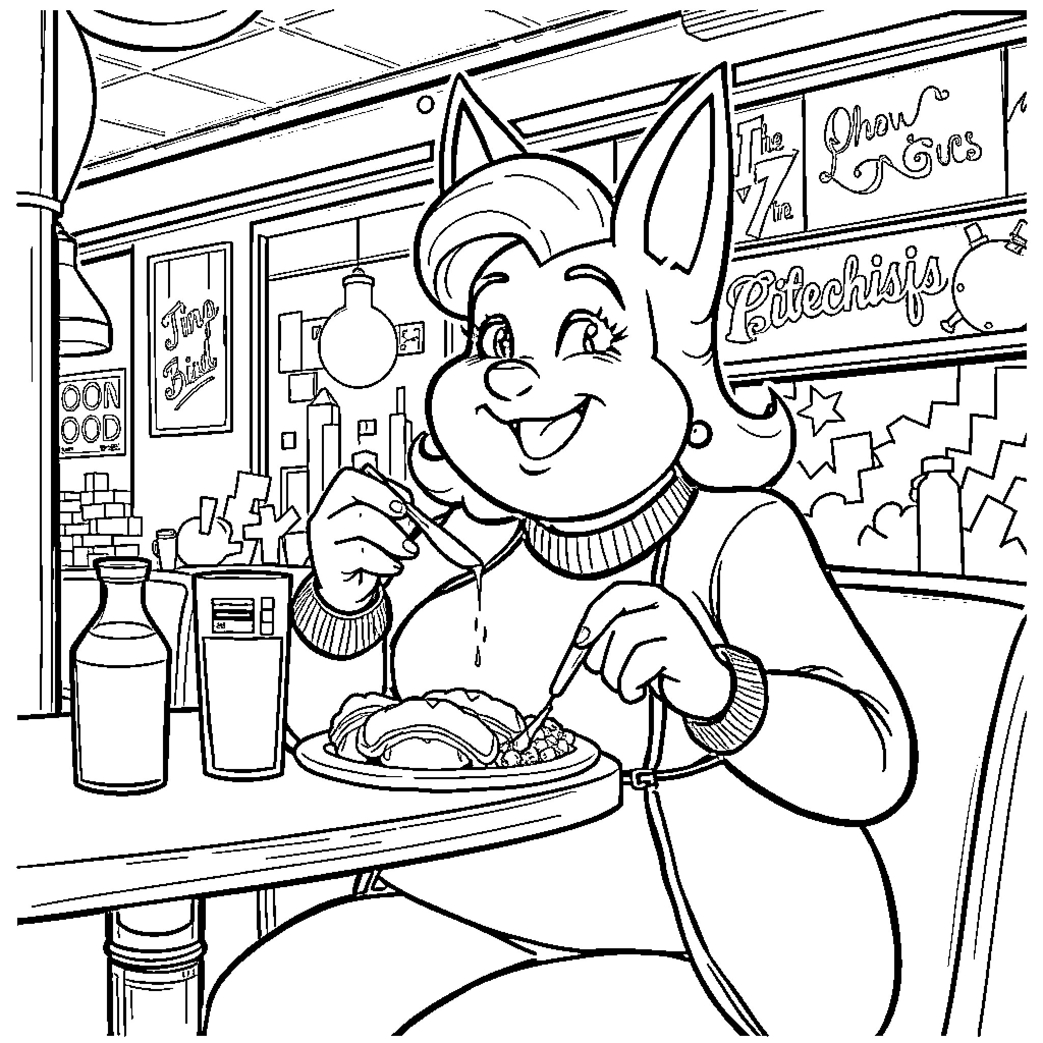 Diane Enjoying a Delicious Meal in the Cozy Diner Coloring Page (free black-and-white line drawing printable PDF for all, from beginners to advanced learners, including children, teens, adults, and seniors)