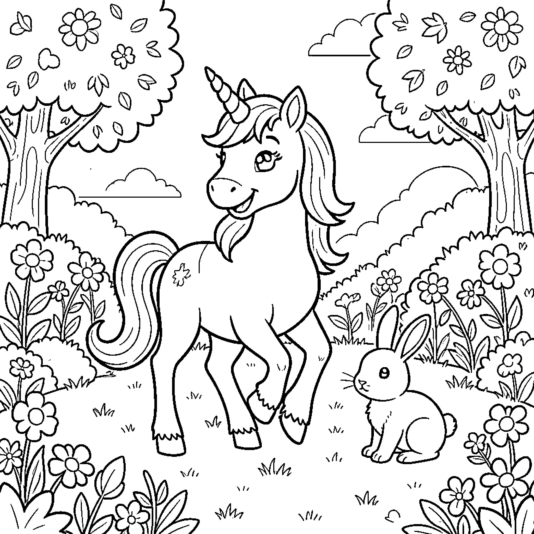 Unicorn frolicking in a magical forest with flowers Coloring Page (free black-and-white line drawing printable PDF for all, from beginners to advanced learners, including children, teens, adults, and seniors)