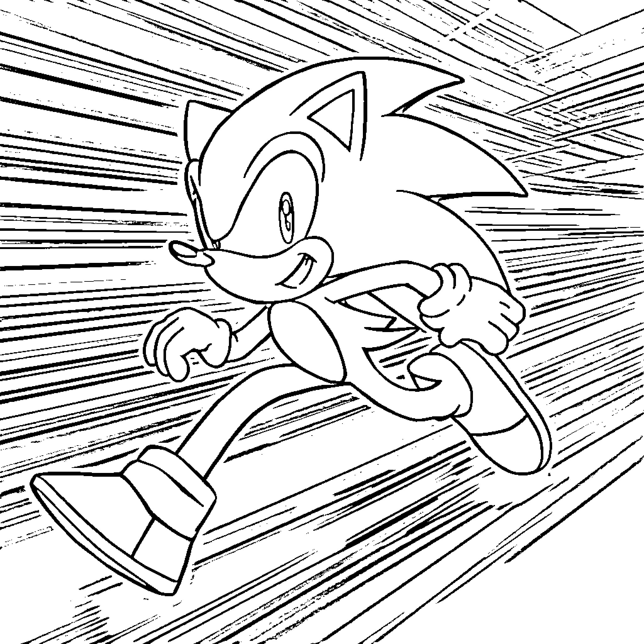 Sonic dashing at high speed through the scene Coloring Page (free black-and-white line drawing printable PDF for all, from beginners to advanced learners, including children, teens, adults, and seniors)