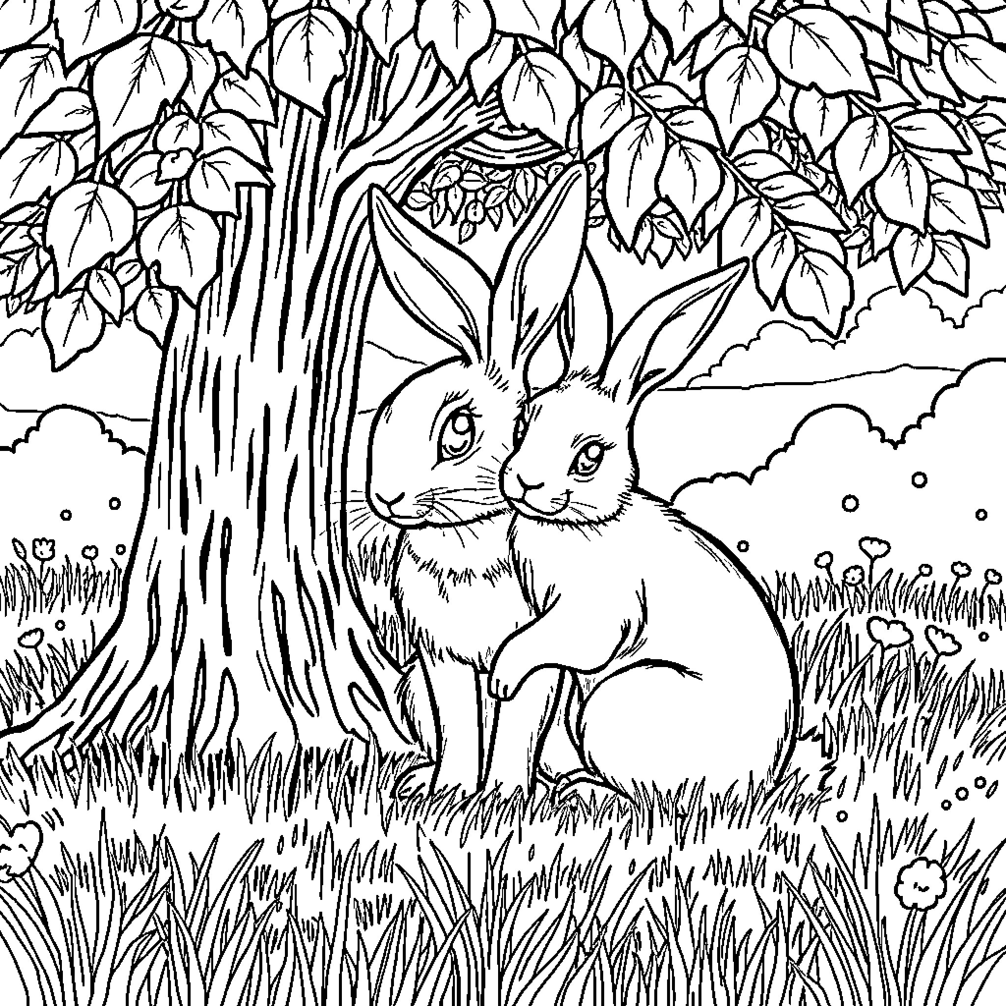 Lapin Rabbits Exploring Lush Woodland Habitat Coloring Page (free black-and-white line drawing printable PDF for all, from beginners to advanced learners, including children, teens, adults, and seniors)