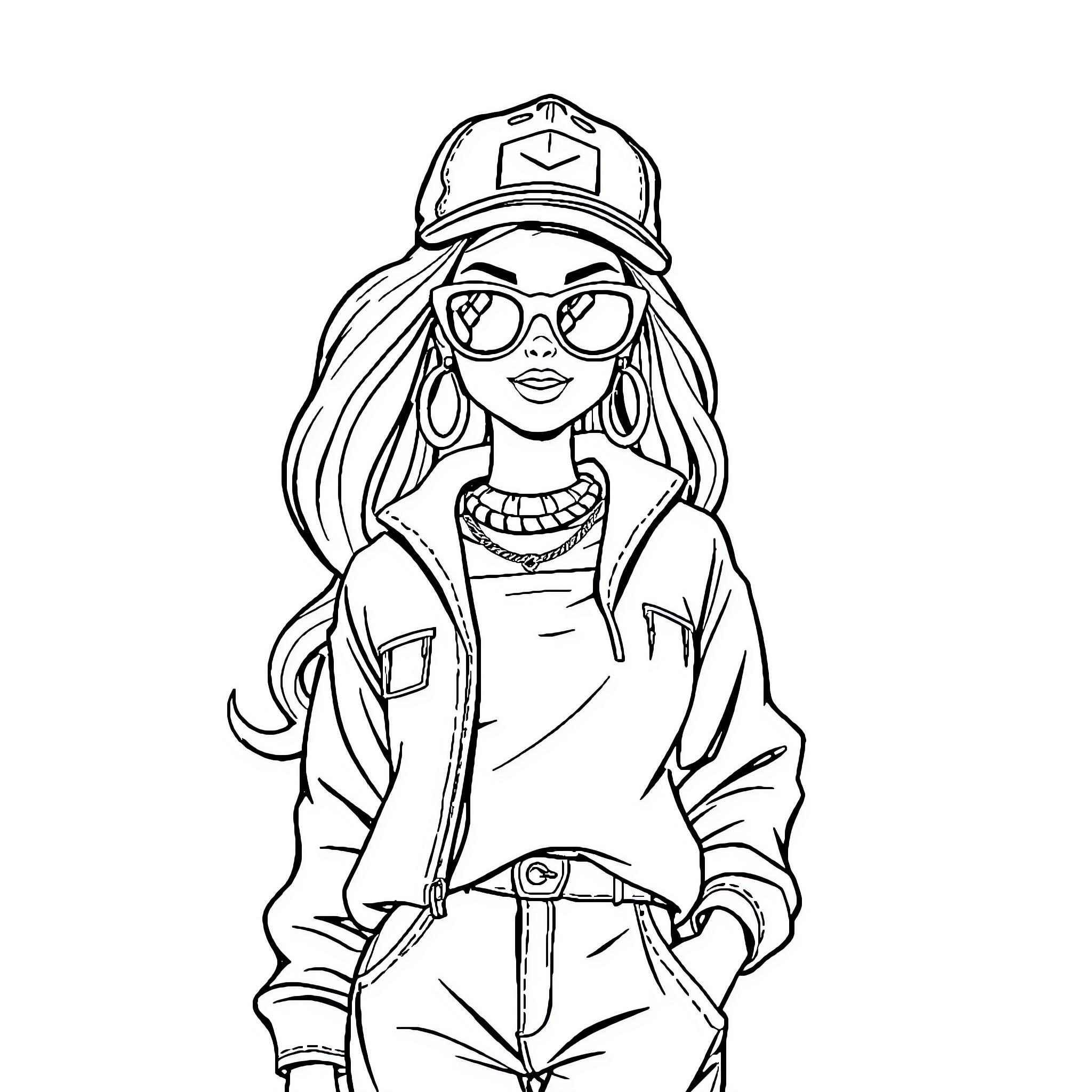 Barbie Stylish Fashion Girl in Sporty Outfit Coloring Page (free black-and-white line drawing printable PDF for all, from beginners to advanced learners, including children, teens, adults, and seniors)
