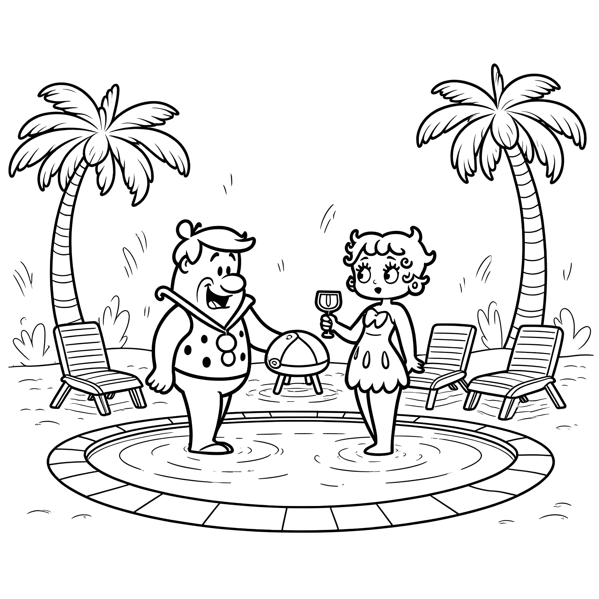 Fred Flintstone enjoying a barbecue with Wilma on a tropical island Coloring Page (free black-and-white line drawing printable PDF for all, from beginners to advanced learners, including children, teens, adults, and seniors)