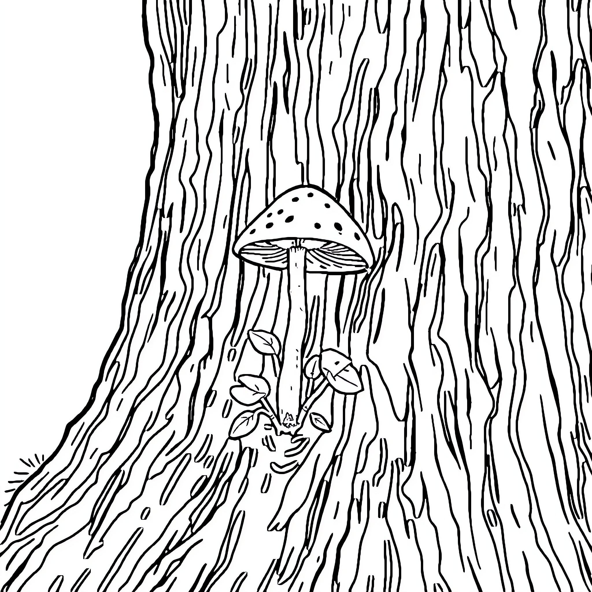 Mushroom growing on a textured tree trunk Coloring Page (free black-and-white line drawing printable PDF for all, from beginners to advanced learners, including children, teens, adults, and seniors)
