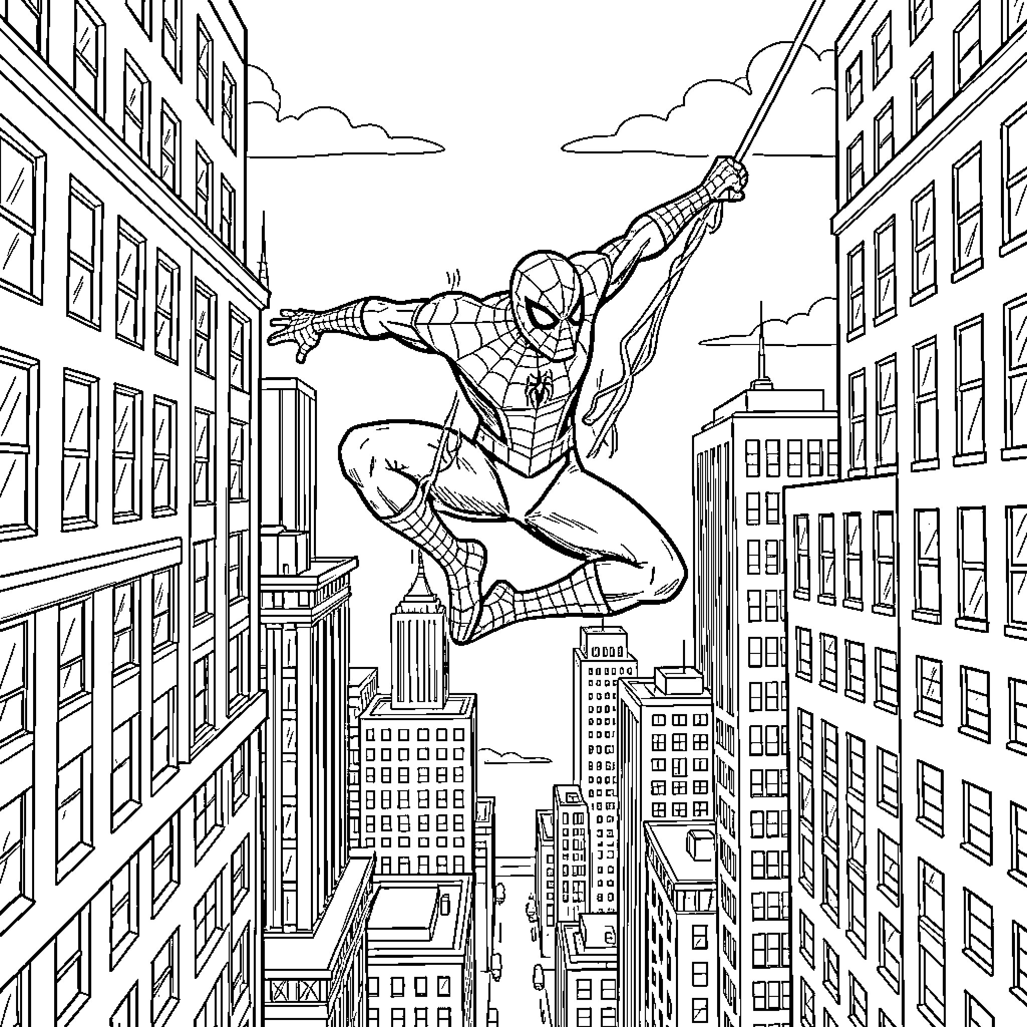 Spiderman swinging through the city buildings Coloring Page (free black-and-white line drawing printable PDF for all, from beginners to advanced learners, including children, teens, adults, and seniors)