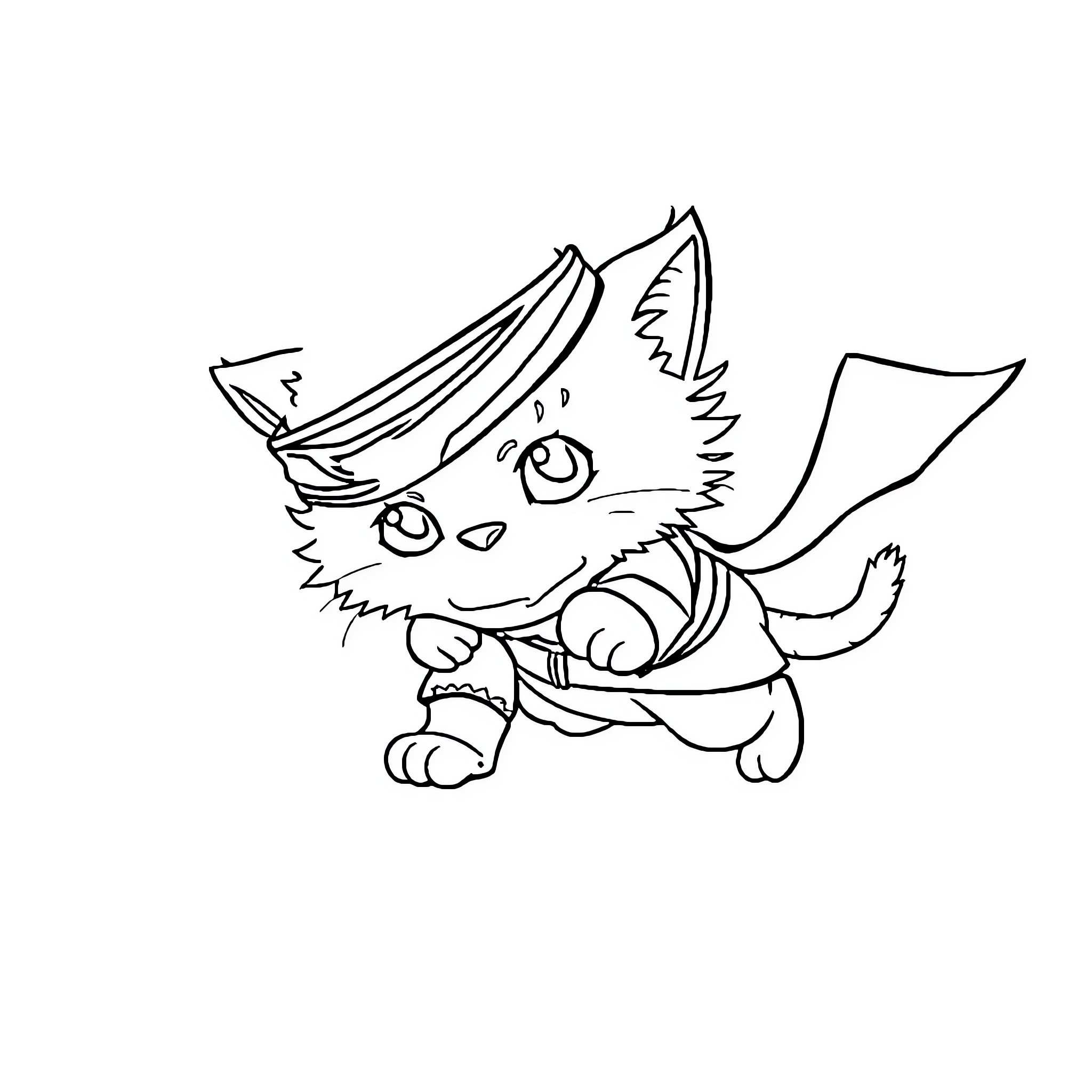 Kitty with Pirate Hat Exploring Coloring Page (free black-and-white line drawing printable PDF for all, from beginners to advanced learners, including children, teens, adults, and seniors)
