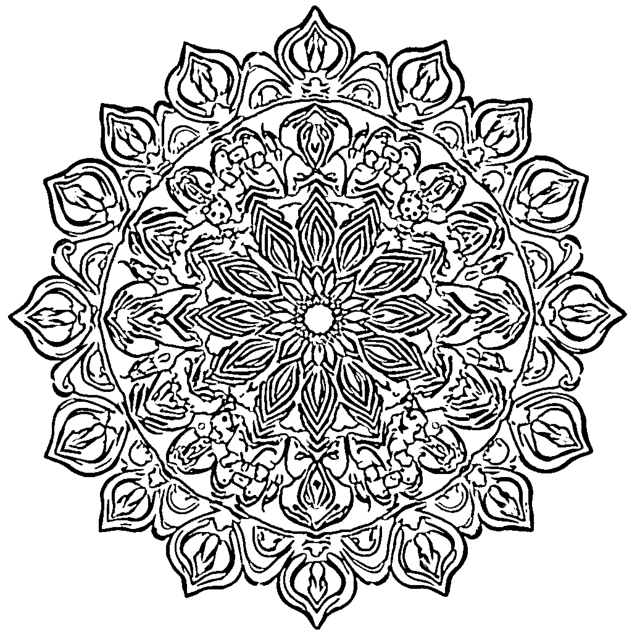 Mandala of Intricate Floral Patterns Coloring Page (free black-and-white line drawing printable PDF for all, from beginners to advanced learners, including children, teens, adults, and seniors)