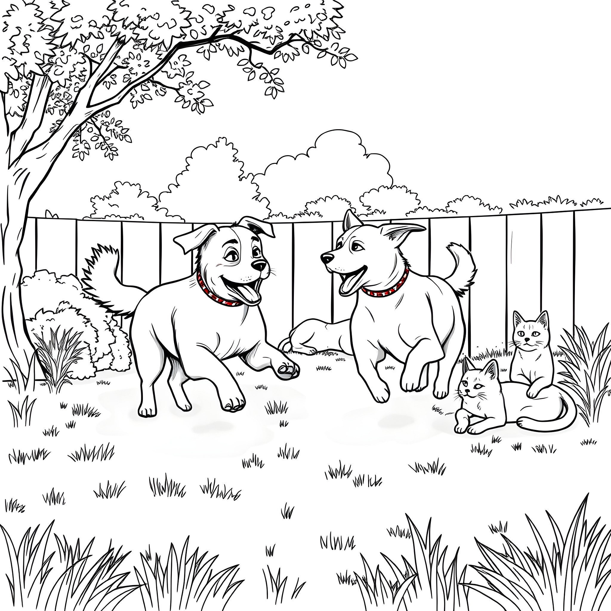 Dog and Cat Playing Together in the Backyard Coloring Page (free black-and-white line drawing printable PDF for all, from beginners to advanced learners, including children, teens, adults, and seniors)