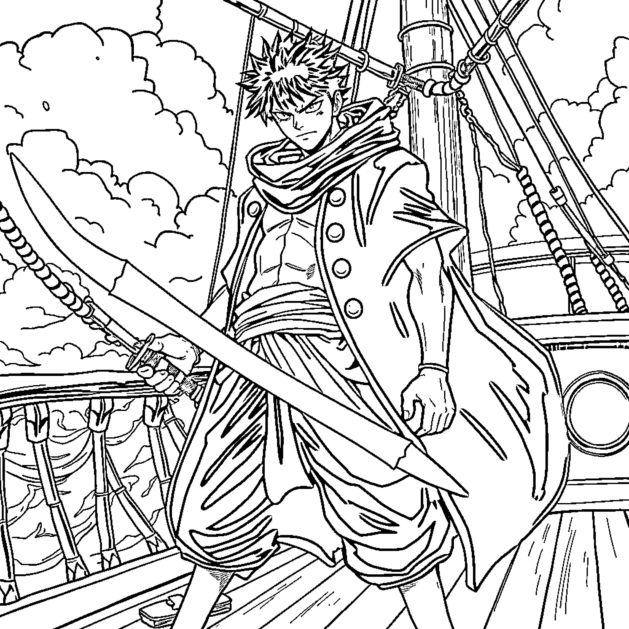 Zoro, the Swordsman, Navigating Treacherous Seas Coloring Page (free black-and-white line drawing printable PDF for all, from beginners to advanced learners, including children, teens, adults, and seniors)