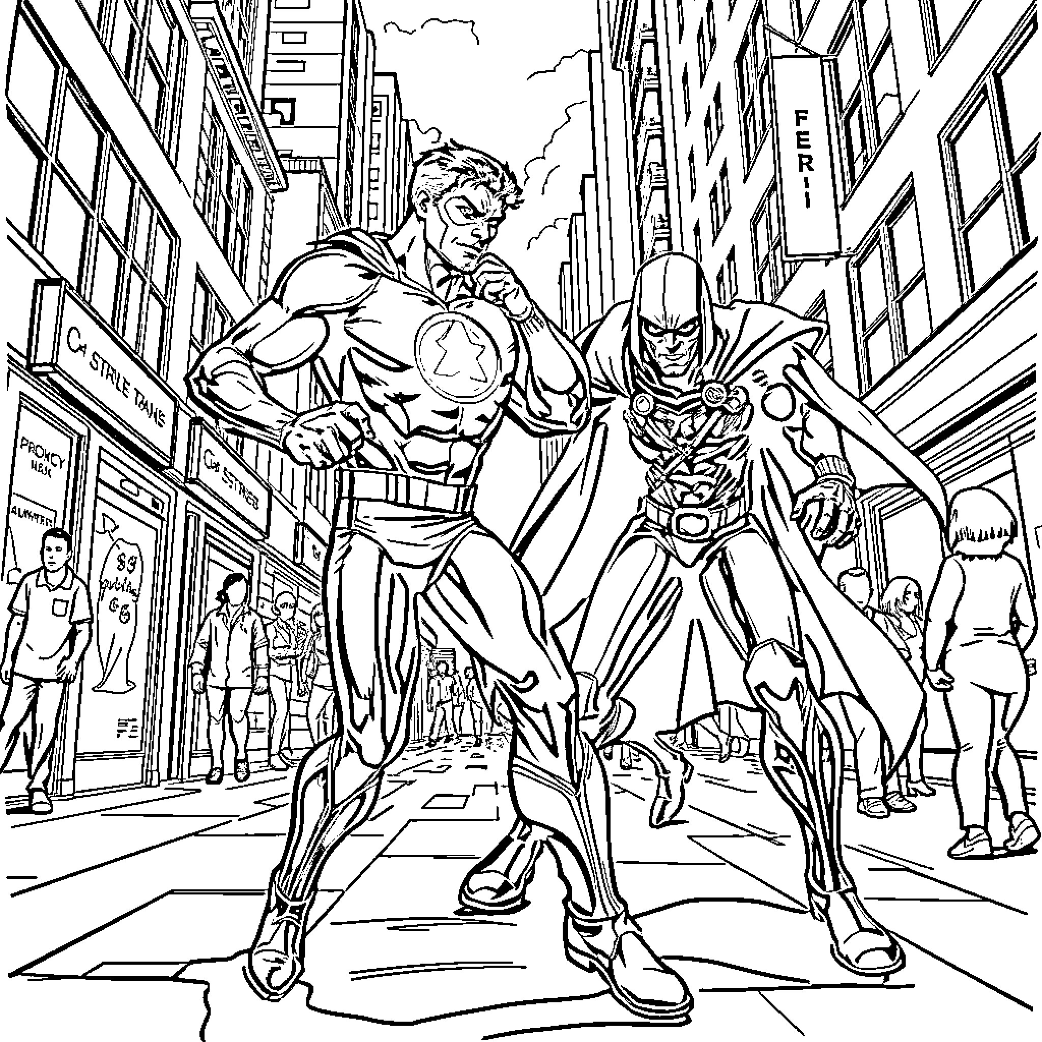 Superheroes Saving the Day in the City Coloring Page (free black-and-white line drawing printable PDF for all, from beginners to advanced learners, including children, teens, adults, and seniors)