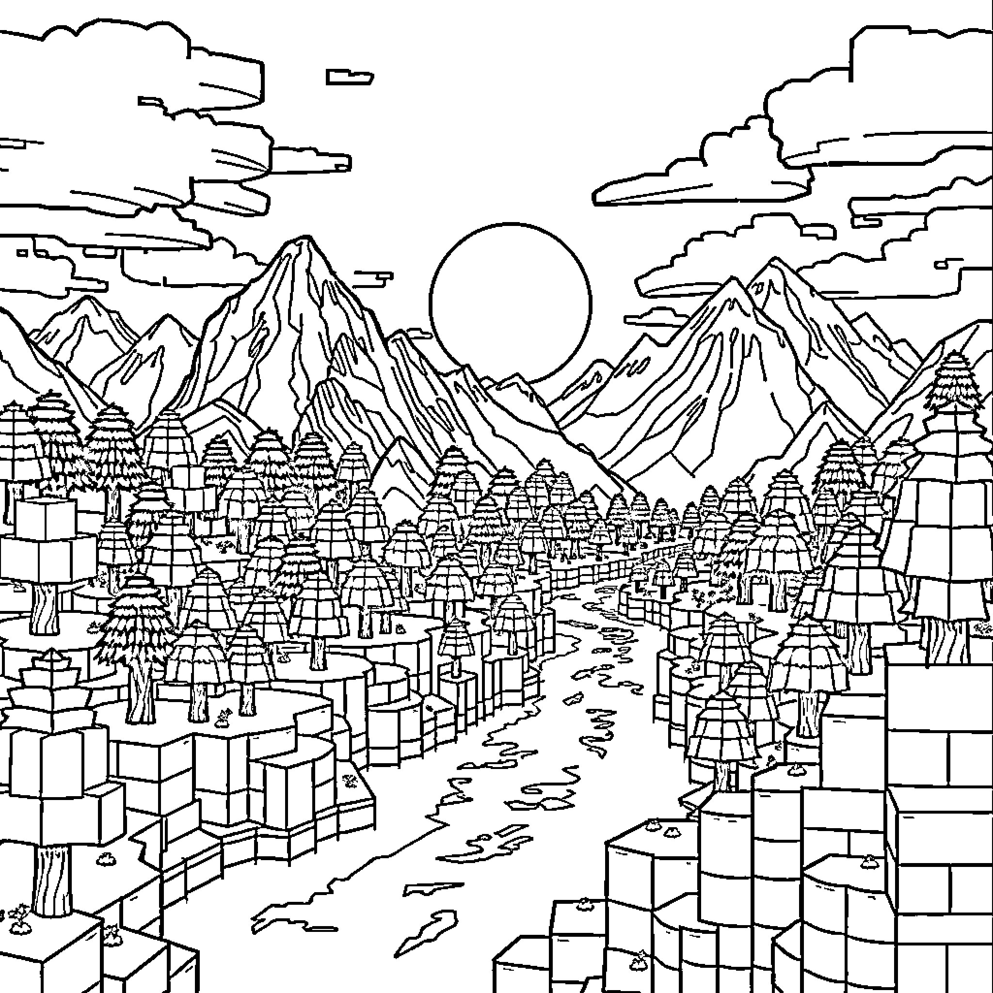 Minecraft Landscape of Mountains, Structures, and a Bright Sun Coloring Page (free black-and-white line drawing printable PDF for all, from beginners to advanced learners, including children, teens, adults, and seniors)