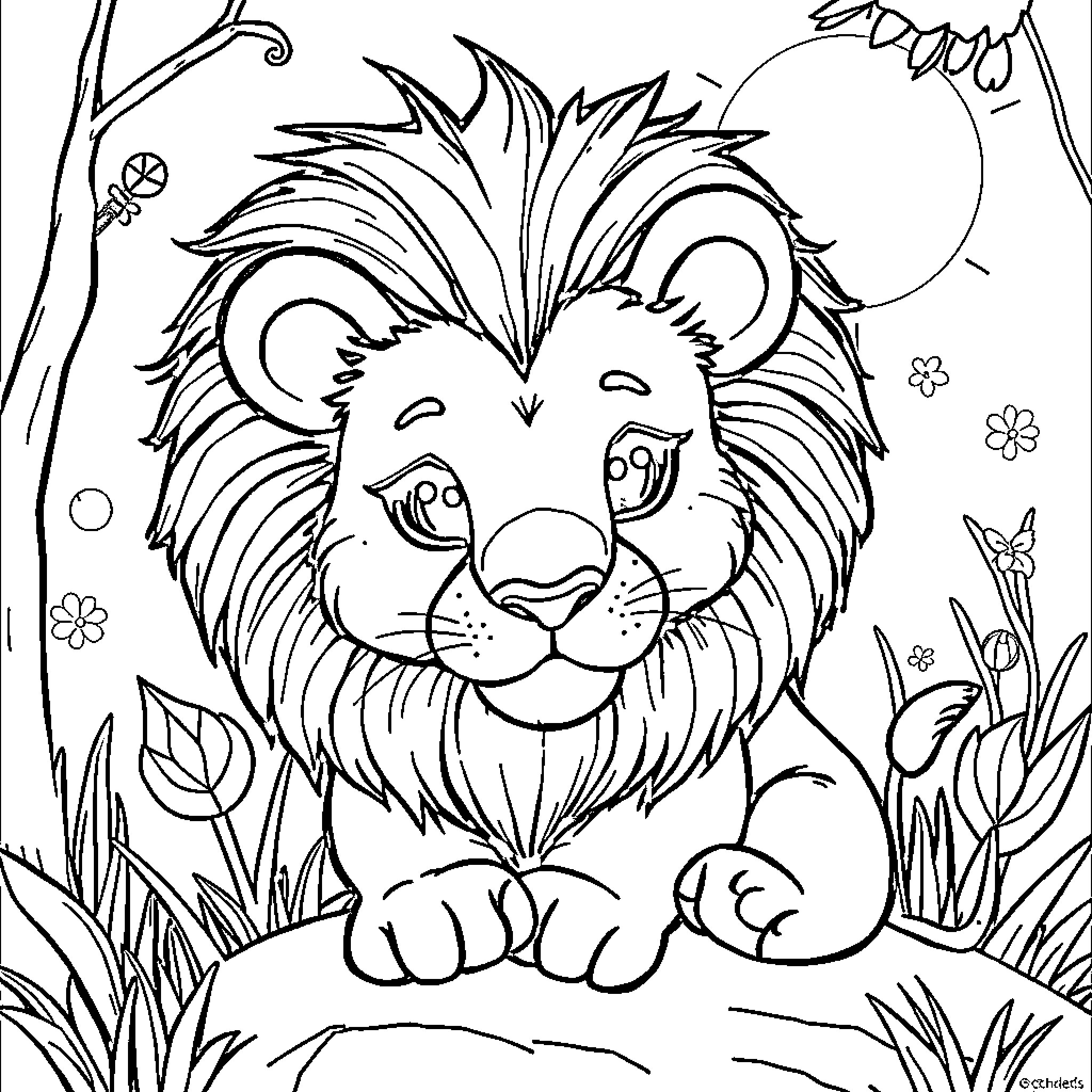 Baby Lion sitting in the jungle Coloring Page (free black-and-white line drawing printable PDF for all, from beginners to advanced learners, including children, teens, adults, and seniors)