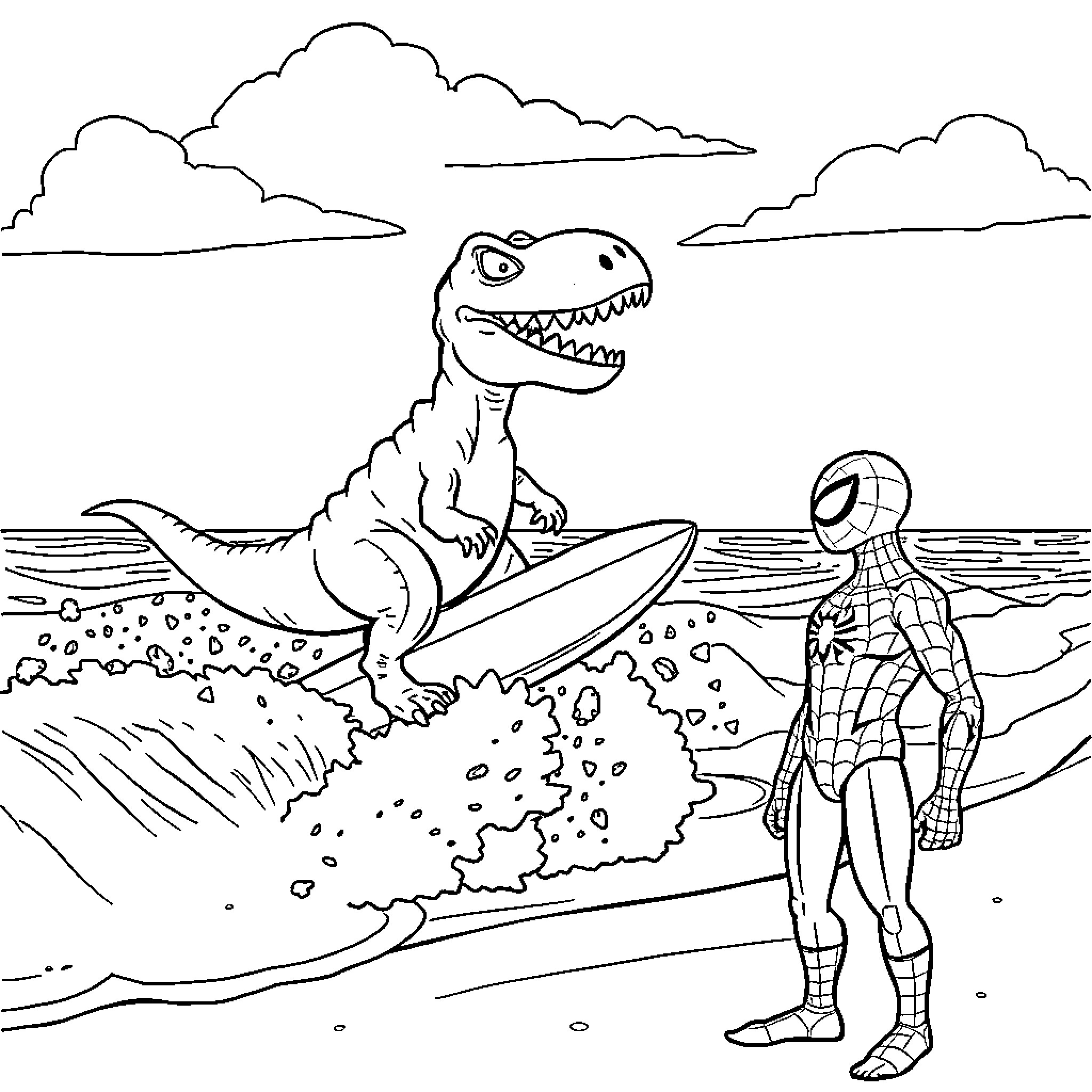 Dinosaur surfer meets superhero on the beach Coloring Page (free black-and-white line drawing printable PDF for all, from beginners to advanced learners, including children, teens, adults, and seniors)