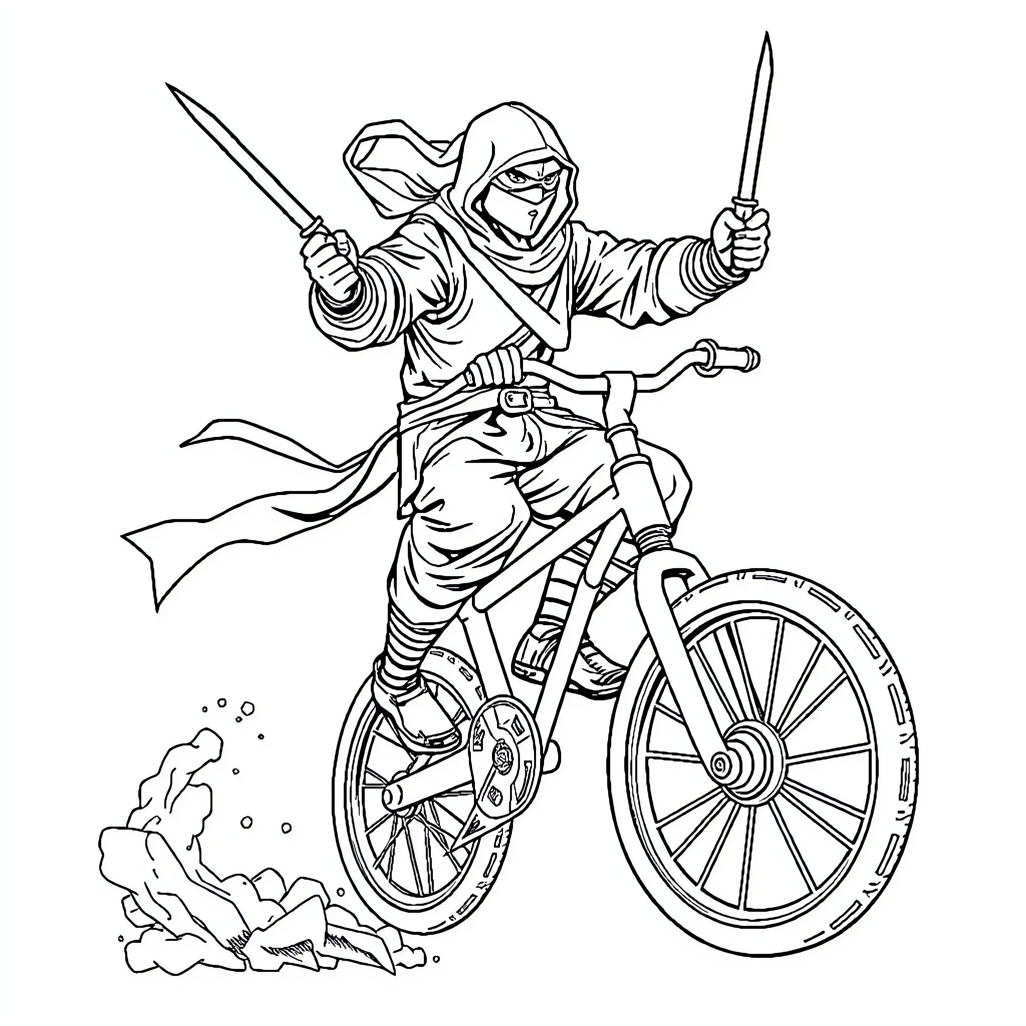 Ninja warrior riding a bicycle with weapons Coloring Page (free black-and-white line drawing printable PDF for all, from beginners to advanced learners, including children, teens, adults, and seniors)