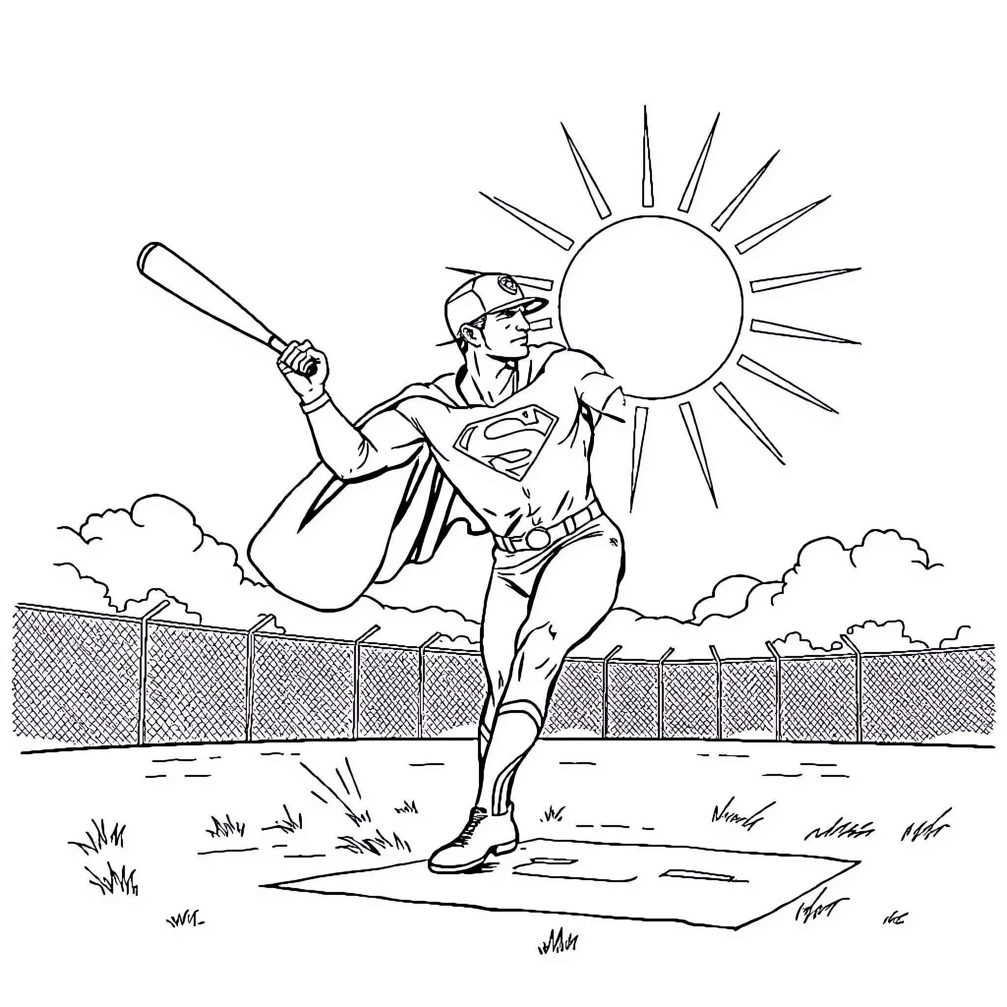 Superman playing baseball in the sun Coloring Page (free black-and-white line drawing printable PDF for all, from beginners to advanced learners, including children, teens, adults, and seniors)