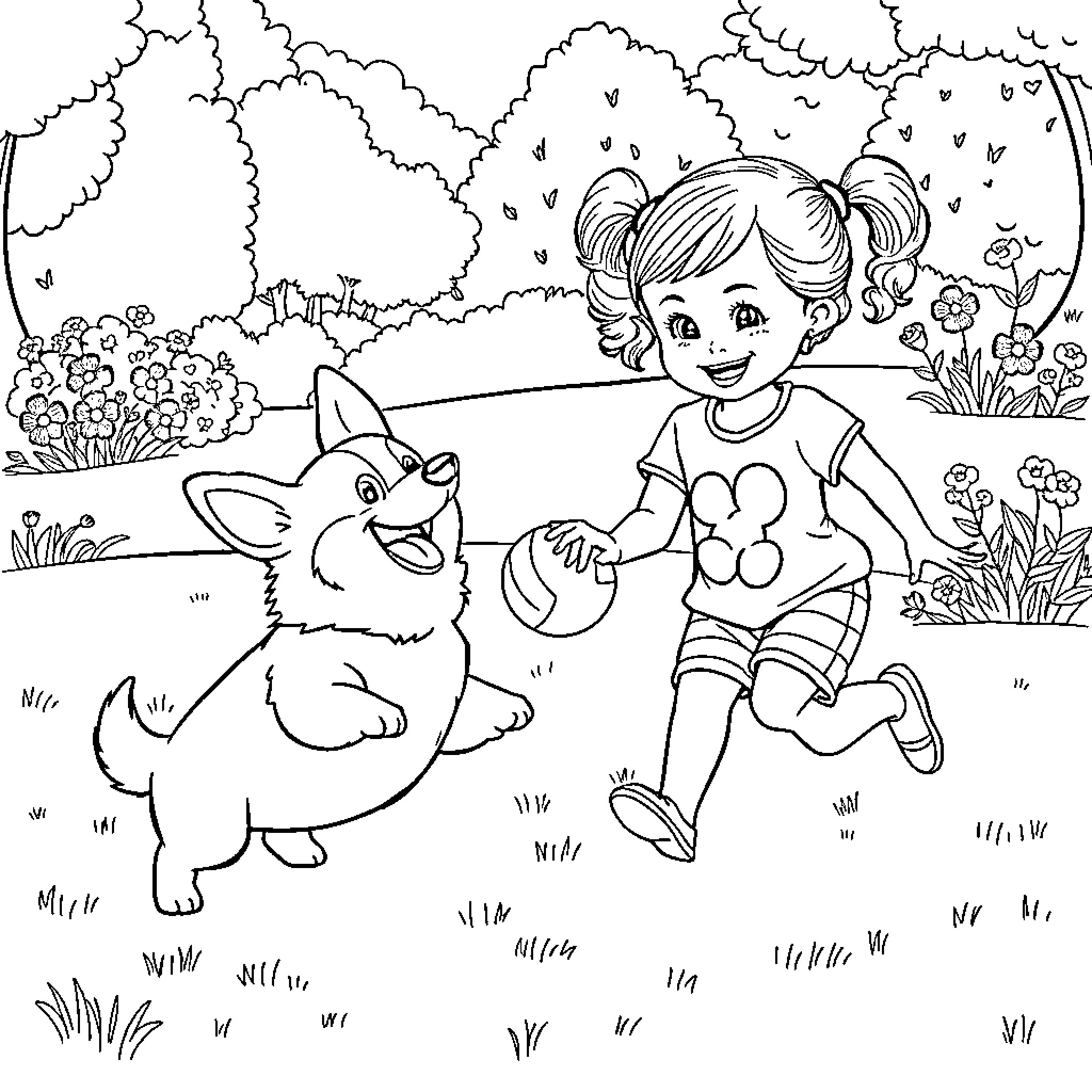 Corgi and girl playing joyfully in the garden Coloring Page (free black-and-white line drawing printable PDF for all, from beginners to advanced learners, including children, teens, adults, and seniors)
