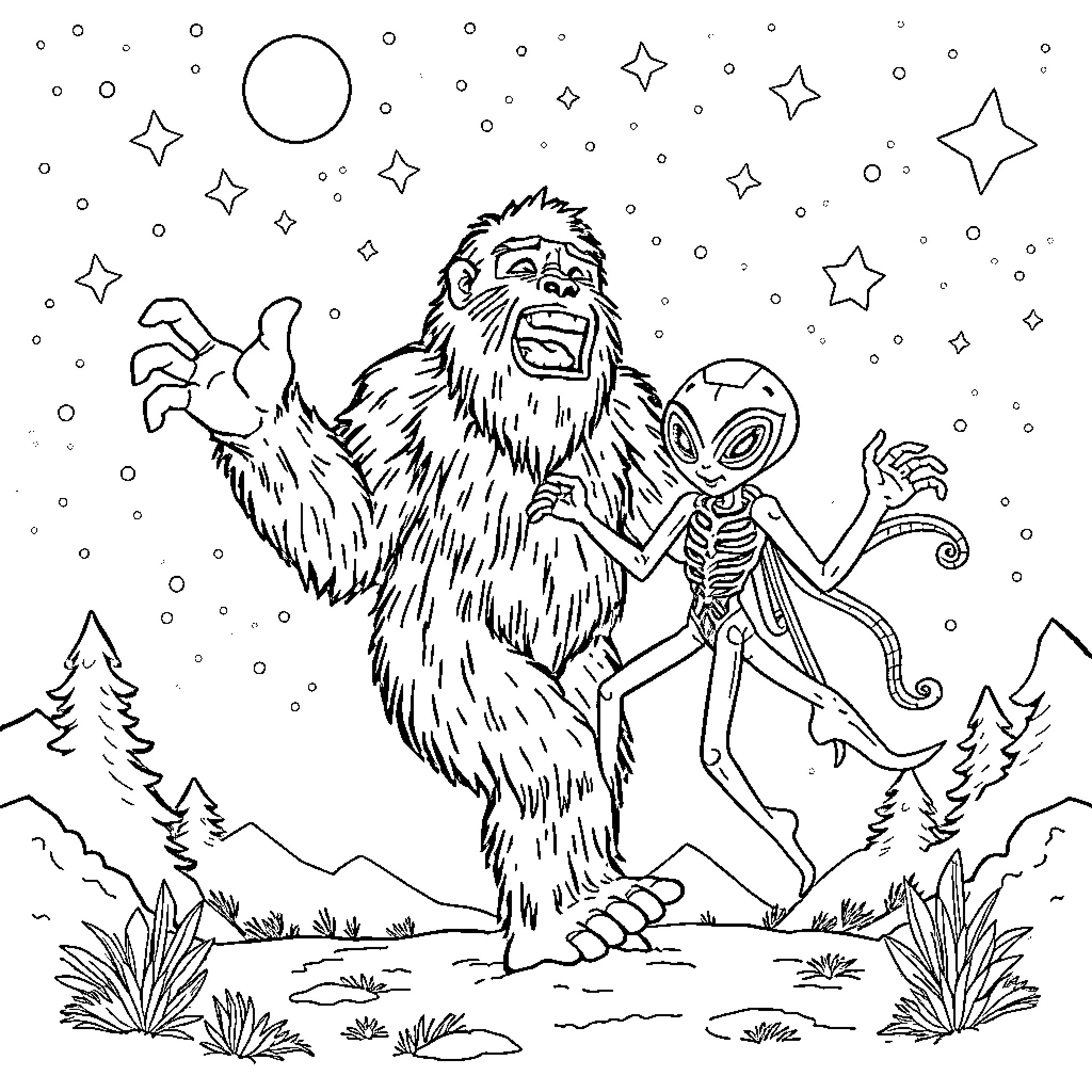 Bigfoot meeting with an alien in the night forest Coloring Page (free black-and-white line drawing printable PDF for all, from beginners to advanced learners, including children, teens, adults, and seniors)