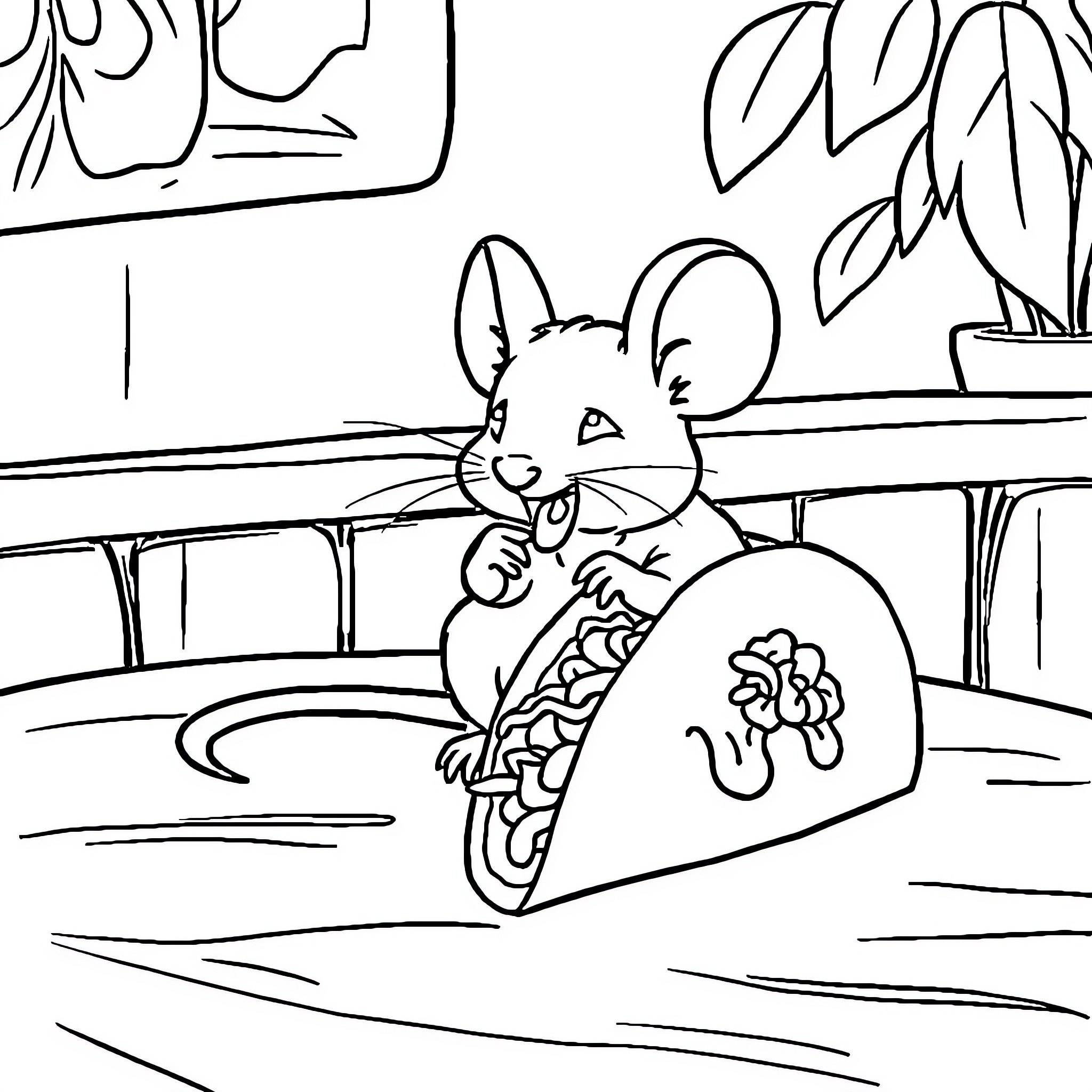 Mouse enjoying a snack in the kitchen Coloring Page (free black-and-white line drawing printable PDF for all, from beginners to advanced learners, including children, teens, adults, and seniors)