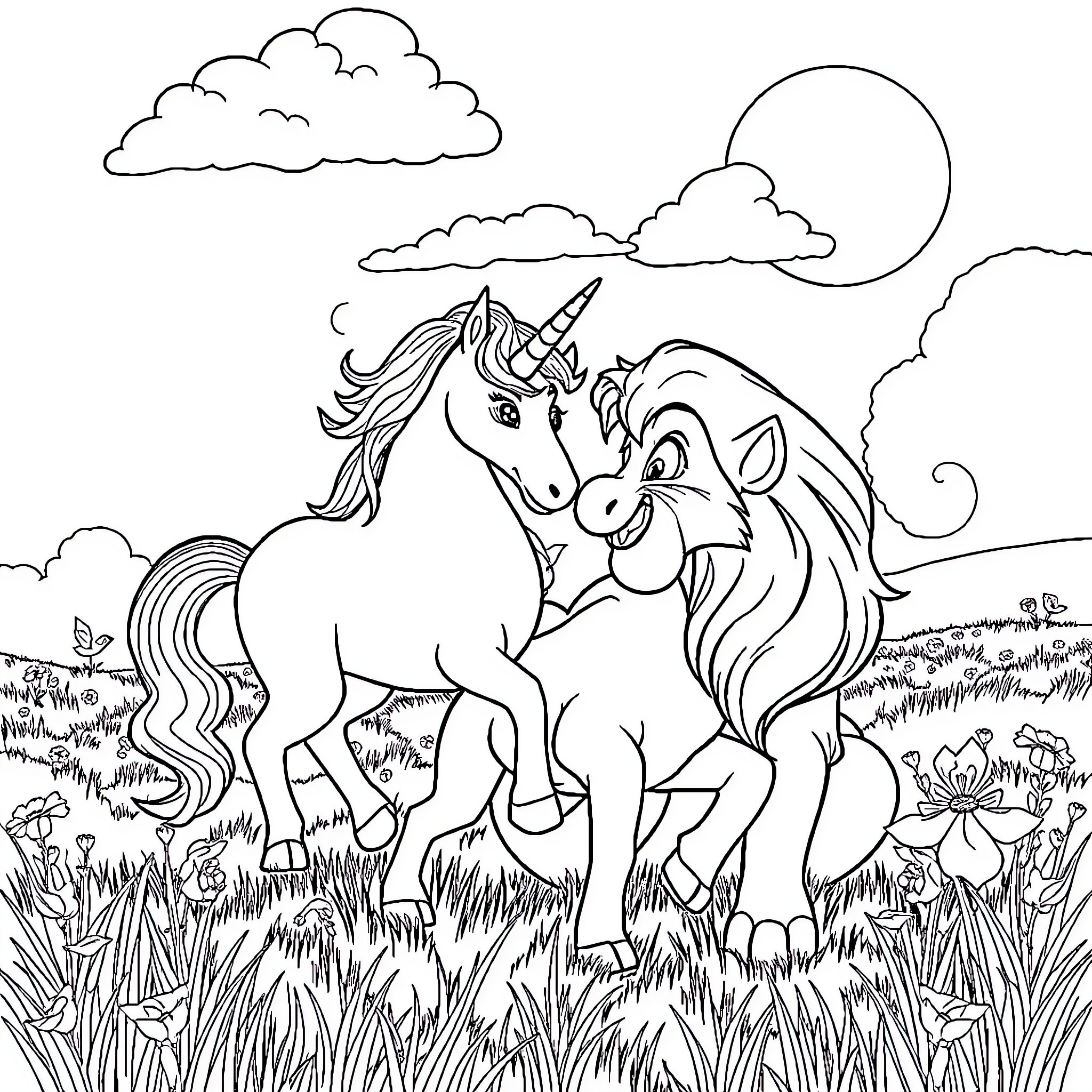 Scar of the Unicorn's Embrace Coloring Page (free black-and-white line drawing printable PDF for all, from beginners to advanced learners, including children, teens, adults, and seniors)