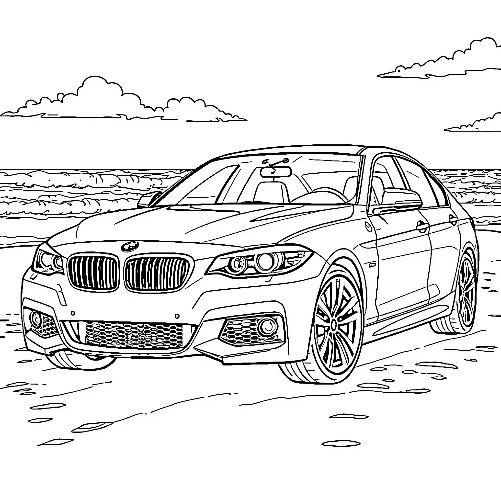 BMW Sports Sedan on Scenic Beach Landscape Coloring Page (free black-and-white line drawing printable PDF for all, from beginners to advanced learners, including children, teens, adults, and seniors)