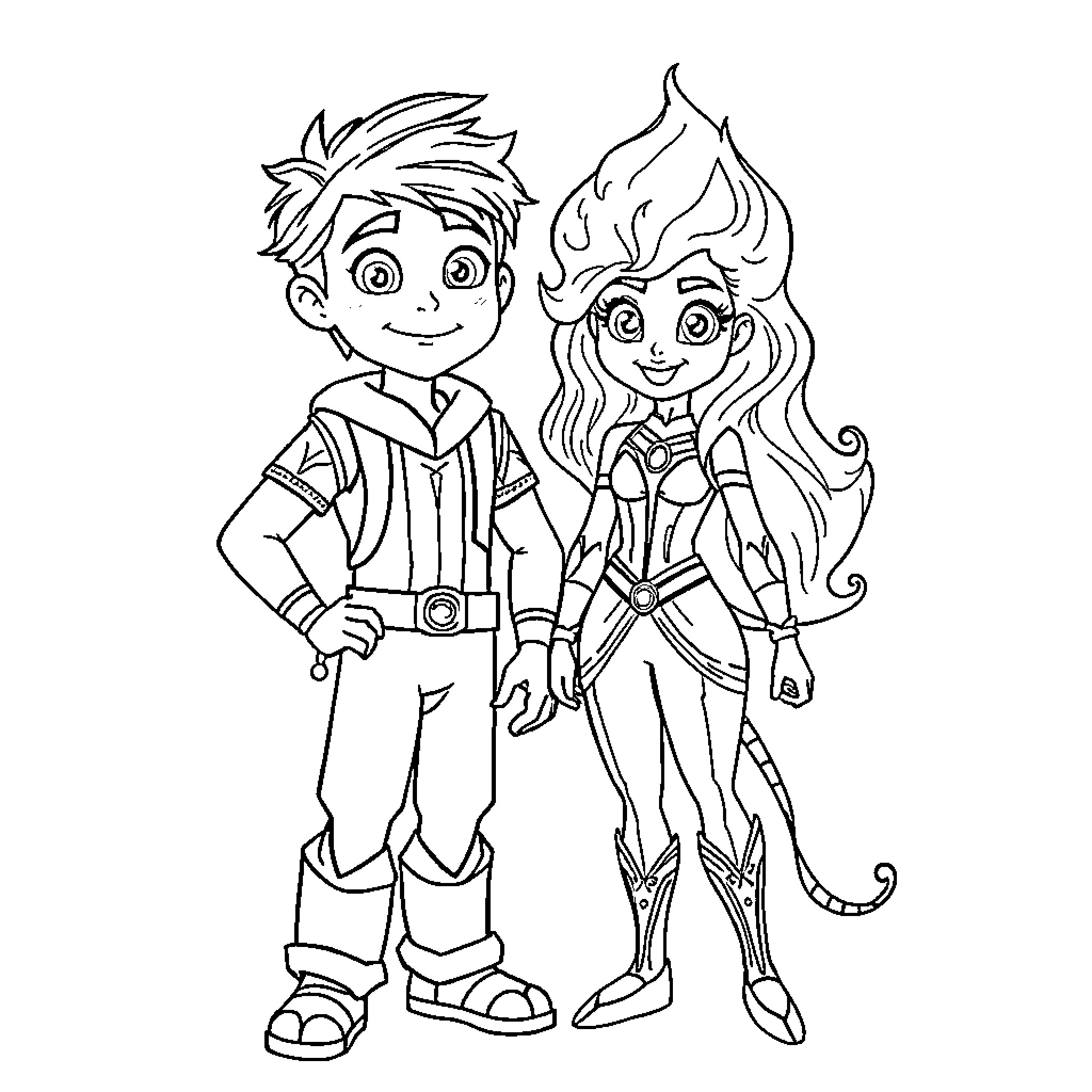 Wade and Ember's Adventurous Outing Coloring Page (free black-and-white line drawing printable PDF for all, from beginners to advanced learners, including children, teens, adults, and seniors)