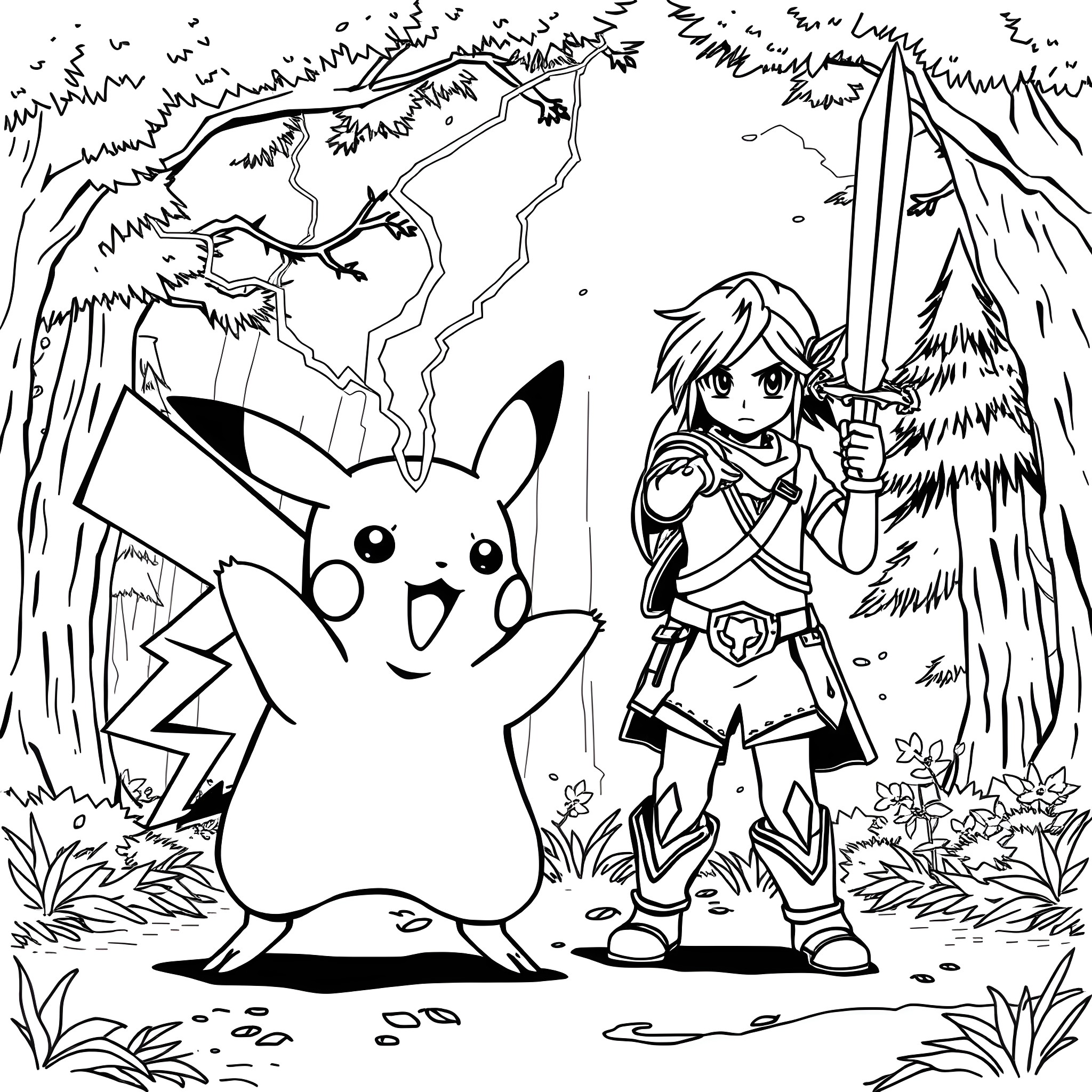 Pikachu and the adventurous trainer in the forest Coloring Page (free black-and-white line drawing printable PDF for all, from beginners to advanced learners, including children, teens, adults, and seniors)