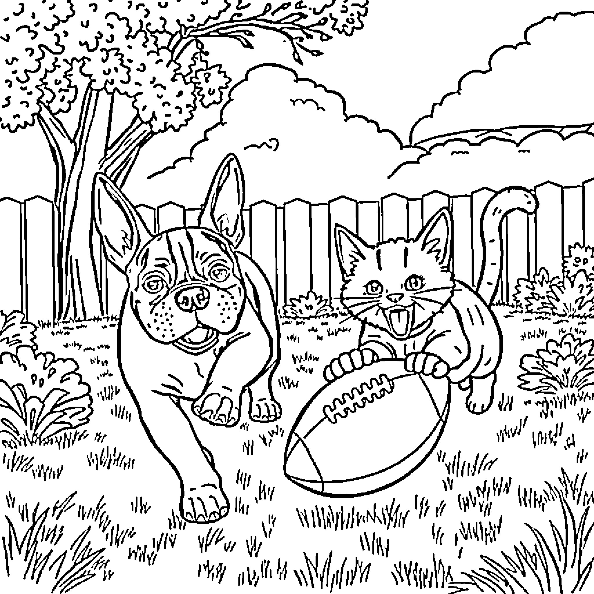 Boston Terrier and Feline Friends in the Outdoors Coloring Page (free black-and-white line drawing printable PDF for all, from beginners to advanced learners, including children, teens, adults, and seniors)