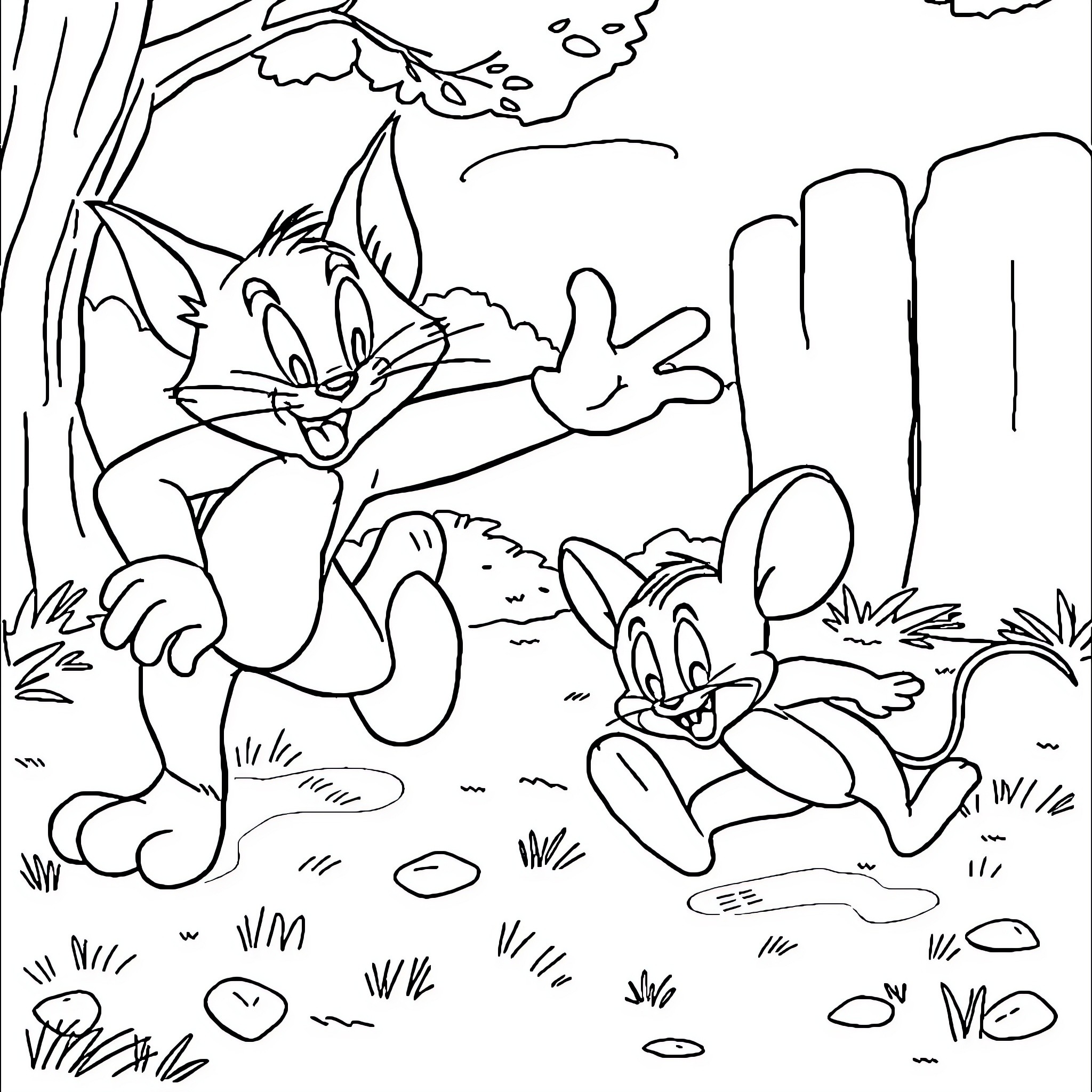 Tom and Jerry's Outdoor Escapades Coloring Page (free black-and-white line drawing printable PDF for all, from beginners to advanced learners, including children, teens, adults, and seniors)