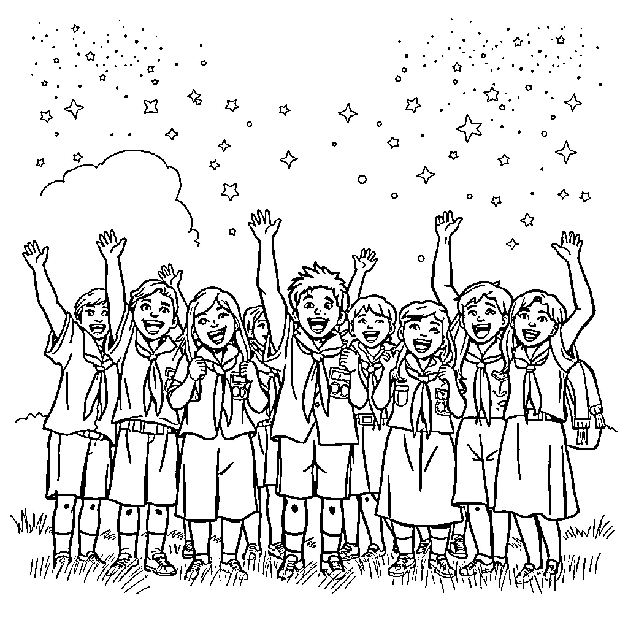 Scout group enjoying starry night outdoors Coloring Page (free black-and-white line drawing printable PDF for all, from beginners to advanced learners, including children, teens, adults, and seniors)