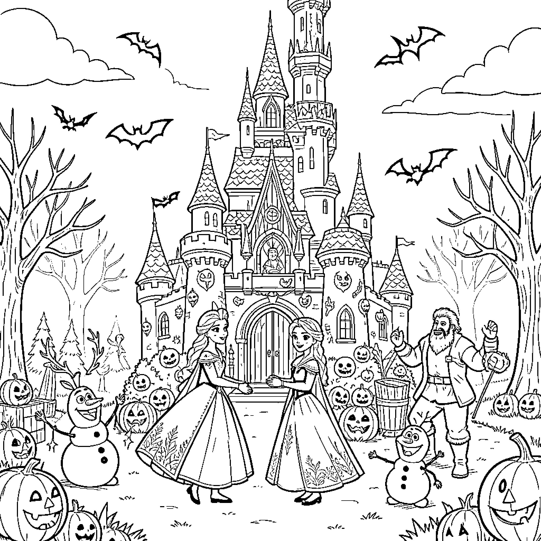 Elsa and Anna dancing in front of a castle Coloring Page (free black-and-white line drawing printable PDF for all, from beginners to advanced learners, including children, teens, adults, and seniors)