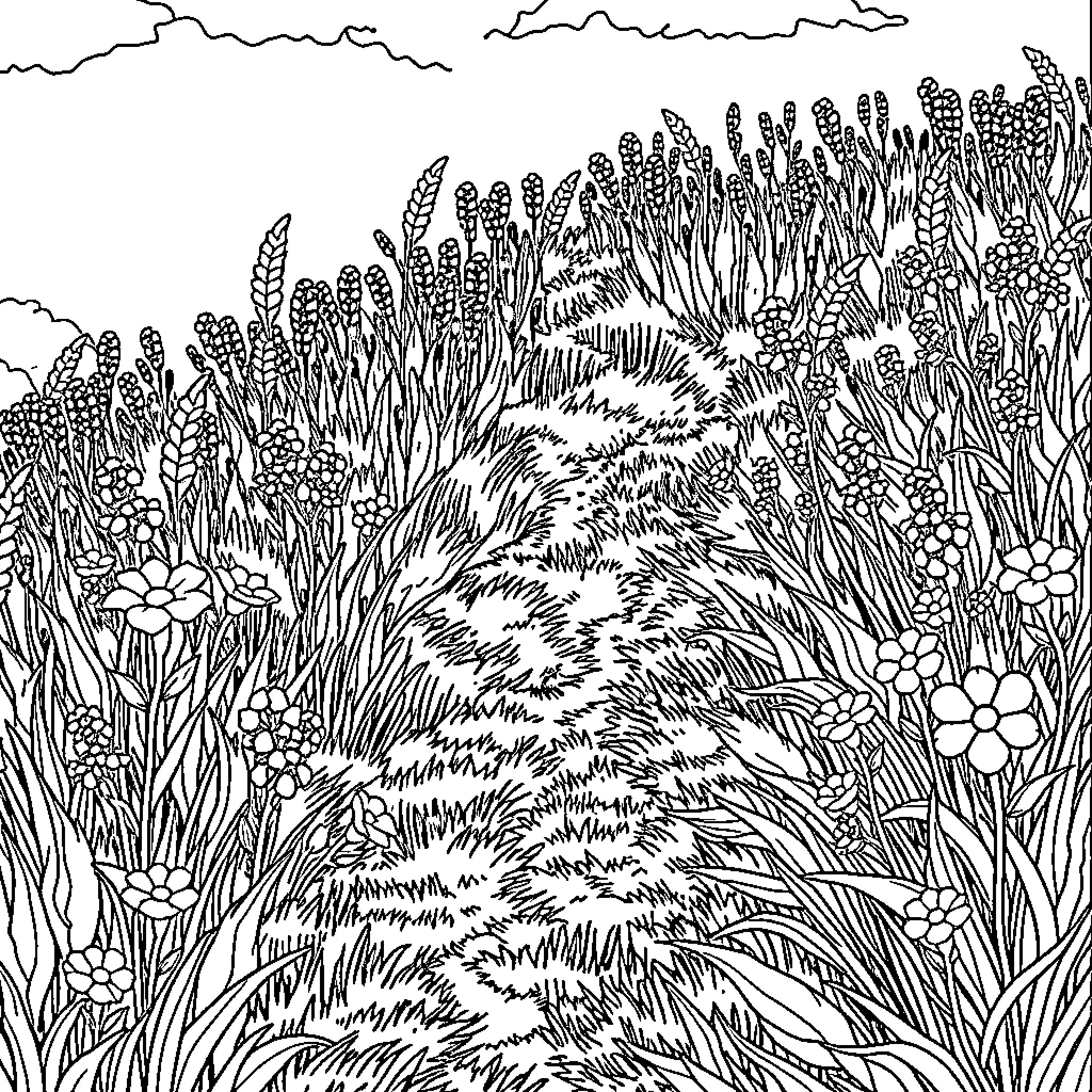 Creeper's journey through a lush meadow Coloring Page (free black-and-white line drawing printable PDF for all, from beginners to advanced learners, including children, teens, adults, and seniors)