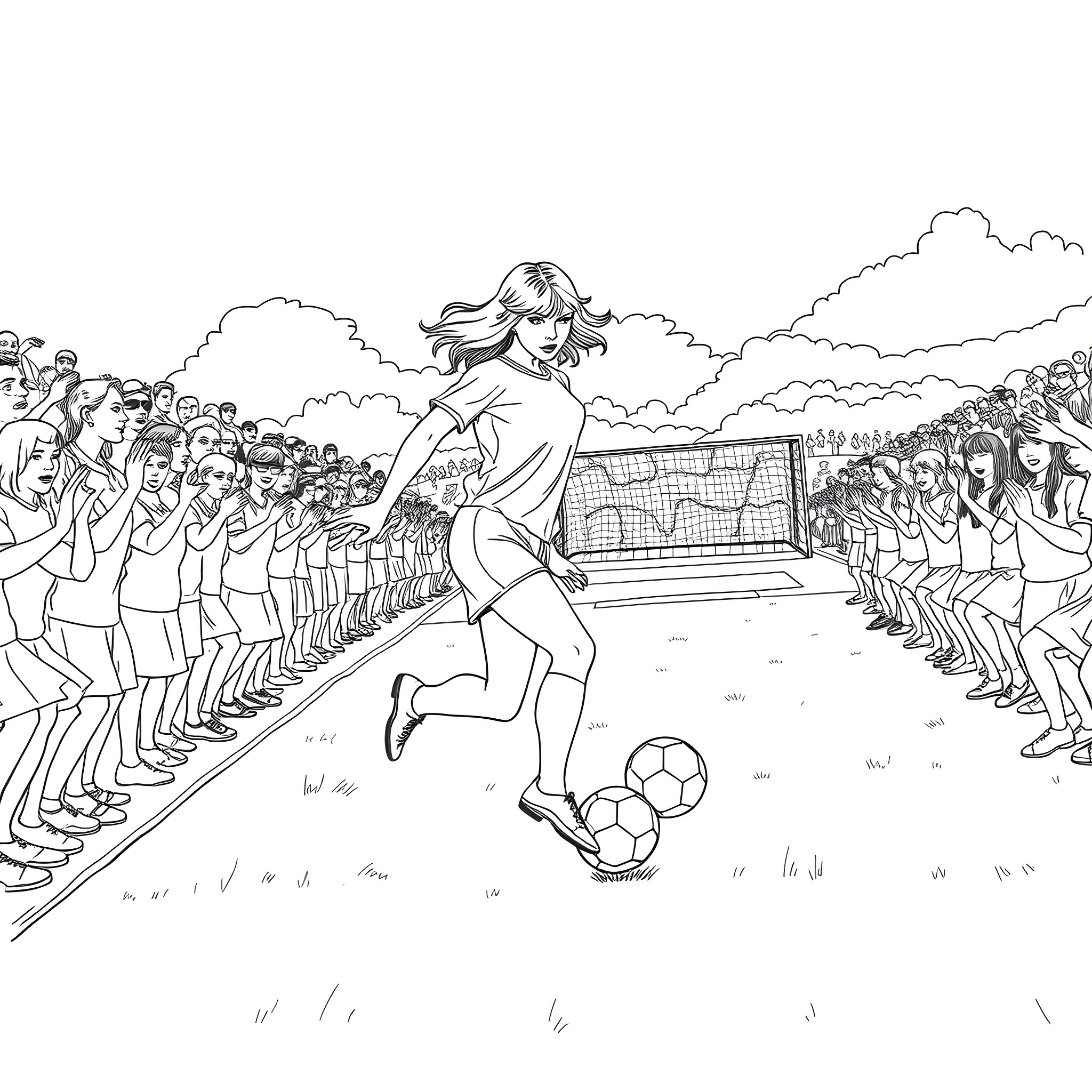 Taylor Swift playing soccer with a crowd Coloring Page (free black-and-white line drawing printable PDF for all, from beginners to advanced learners, including children, teens, adults, and seniors)
