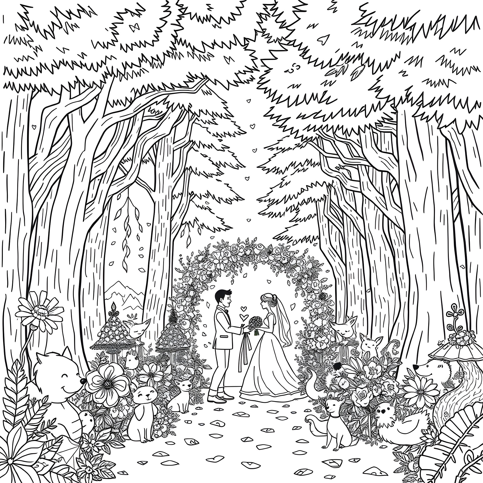 Geo Beats - Magical Forest Wedding Ceremony Coloring Page (free black-and-white line drawing printable PDF for all, from beginners to advanced learners, including children, teens, adults, and seniors)