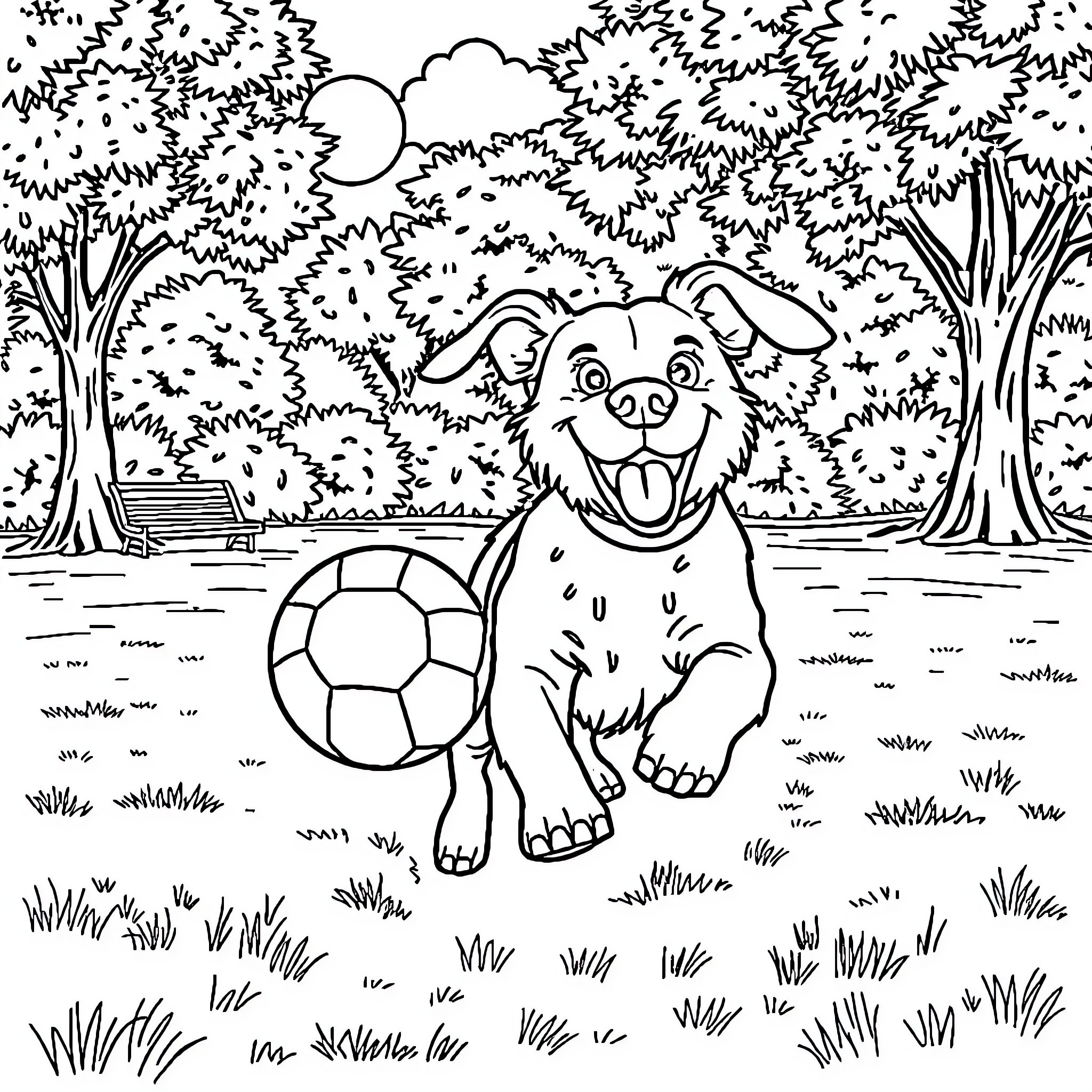 Dog playing with soccer ball in the park Coloring Page (free black-and-white line drawing printable PDF for all, from beginners to advanced learners, including children, teens, adults, and seniors)