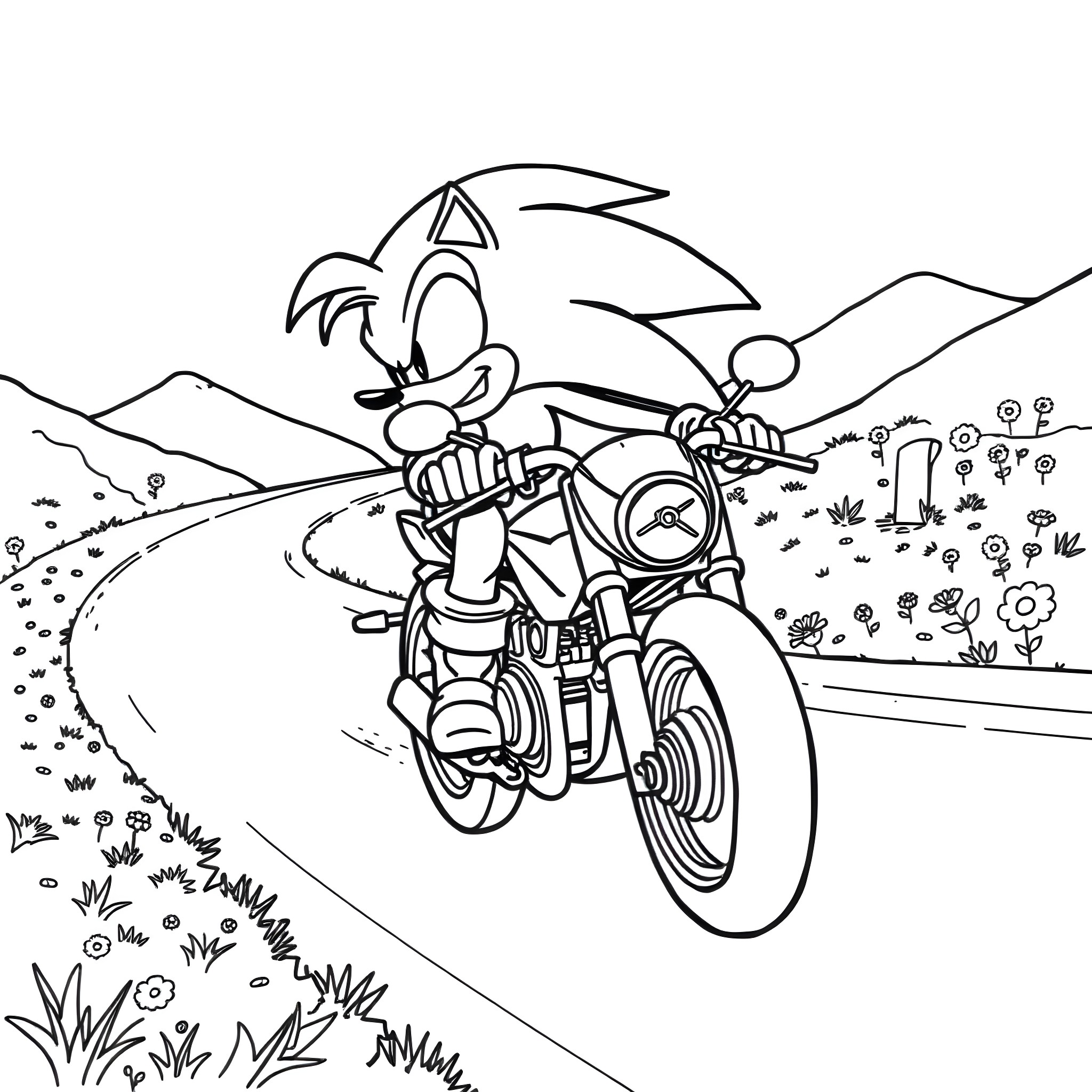 Sonic riding a motorcycle through a scenic landscape Coloring Page (free black-and-white line drawing printable PDF for all, from beginners to advanced learners, including children, teens, adults, and seniors)