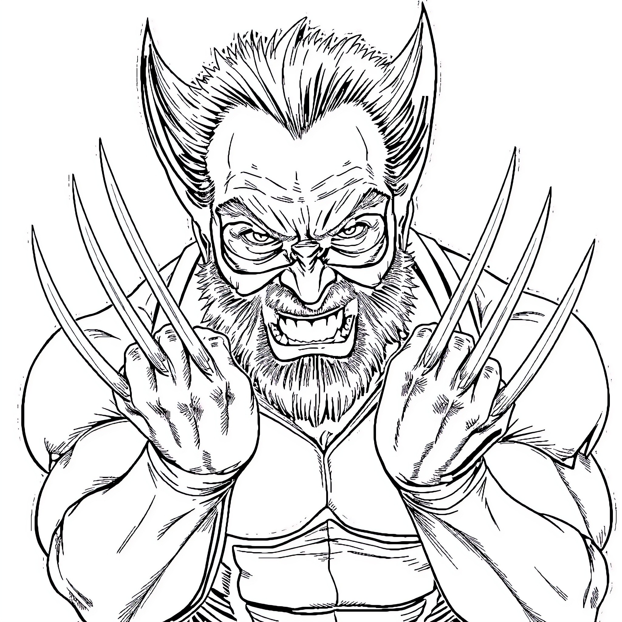 Wolverine's Fierce Clawed Roar Coloring Page (free black-and-white line drawing printable PDF for all, from beginners to advanced learners, including children, teens, adults, and seniors)
