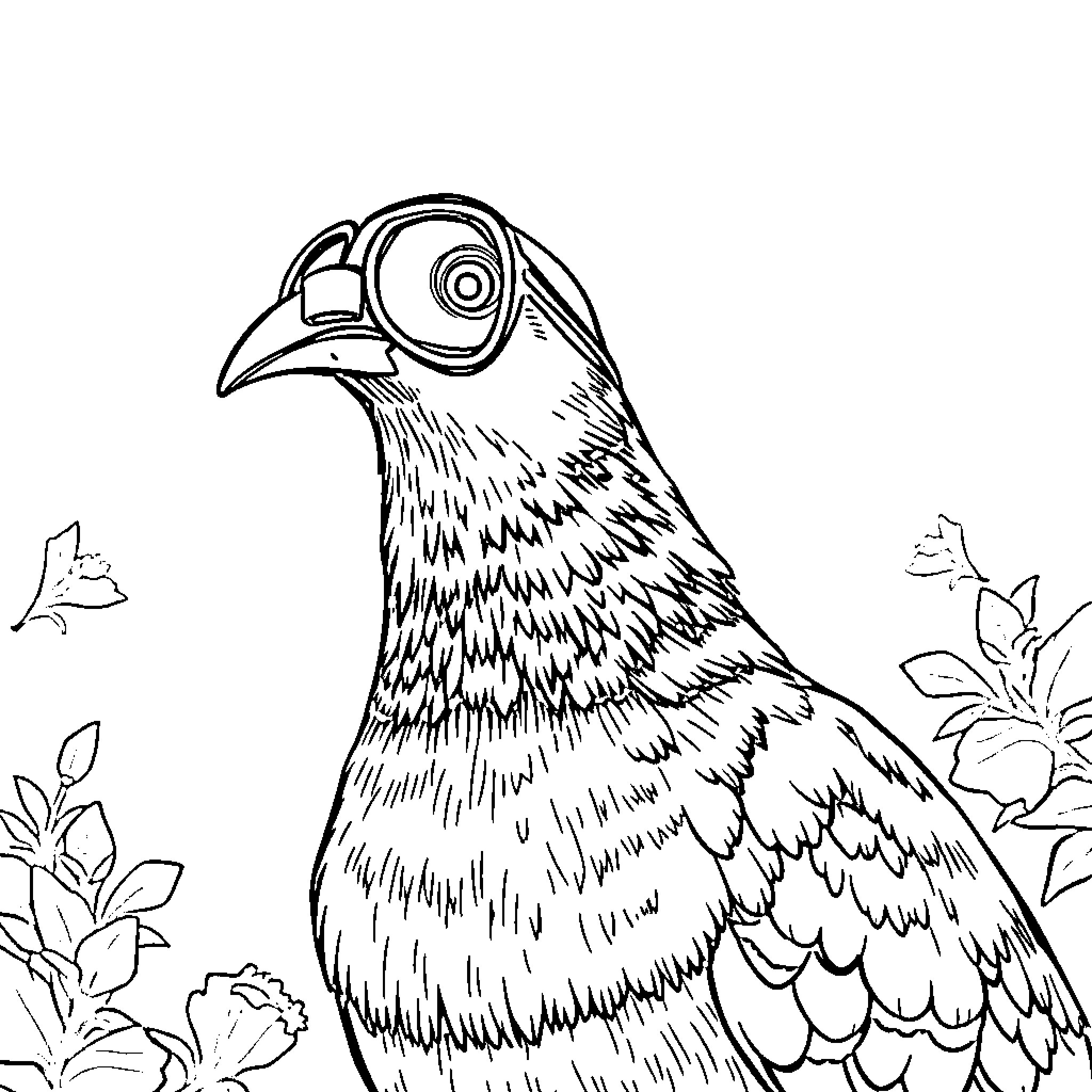 Pigeon exploring a floral landscape Coloring Page (free black-and-white line drawing printable PDF for all, from beginners to advanced learners, including children, teens, adults, and seniors)