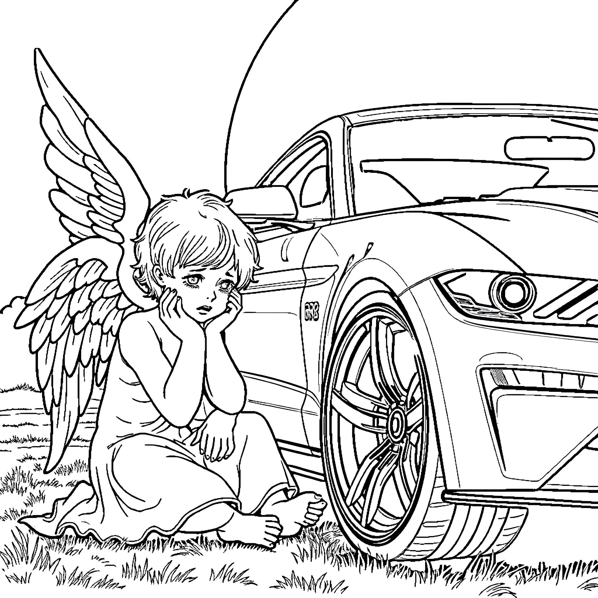 Angel contemplating a luxury sports car Coloring Page (free black-and-white line drawing printable PDF for all, from beginners to advanced learners, including children, teens, adults, and seniors)