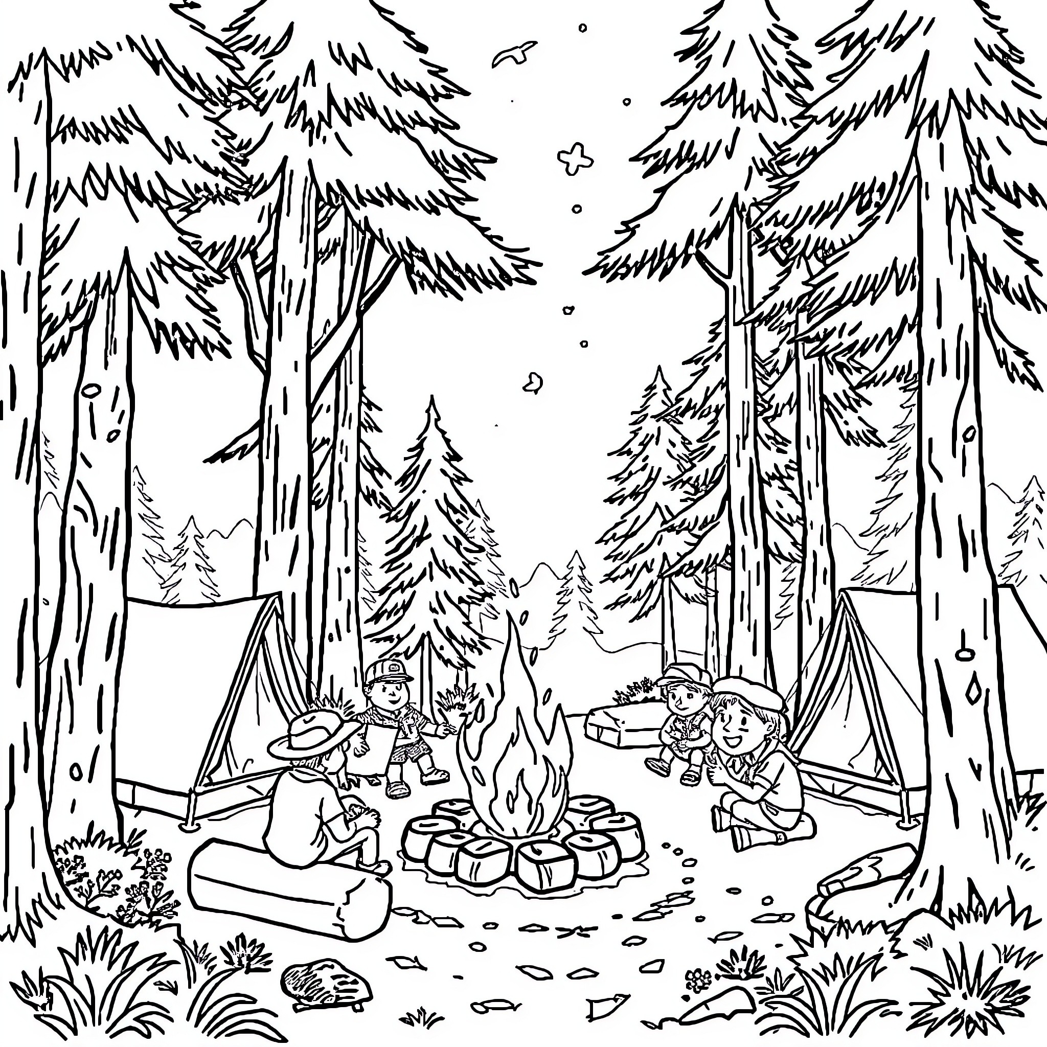 Scout camping in the snowy forest Coloring Page (free black-and-white line drawing printable PDF for all, from beginners to advanced learners, including children, teens, adults, and seniors)