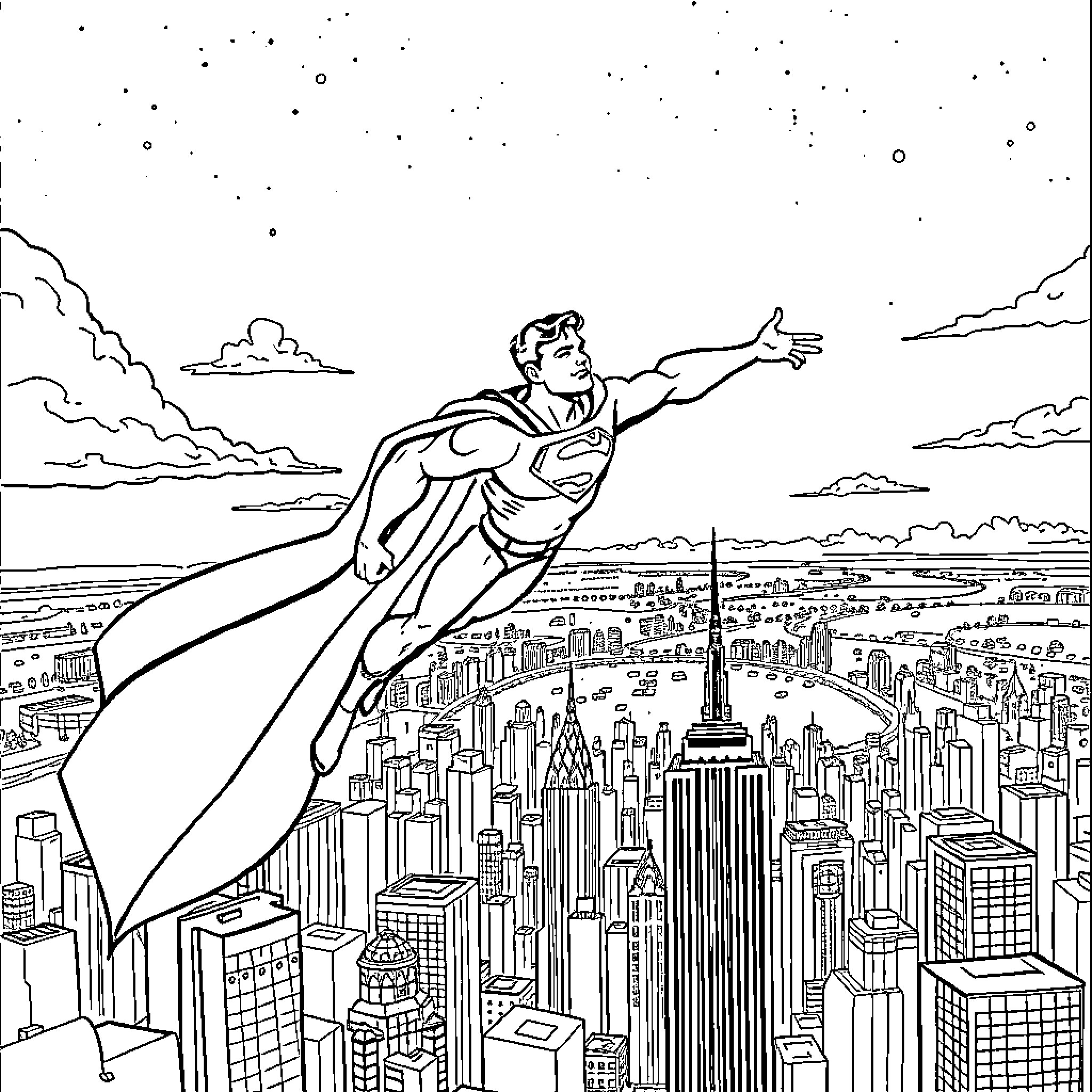 Superman soaring over the city skyline Coloring Page (free black-and-white line drawing printable PDF for all, from beginners to advanced learners, including children, teens, adults, and seniors)