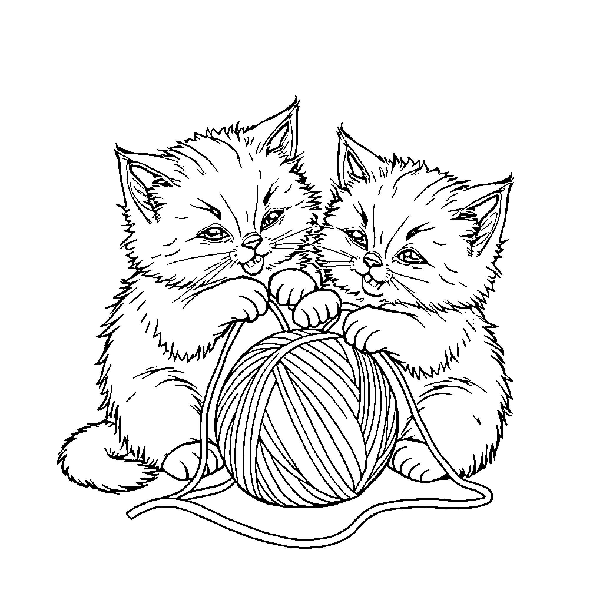 Cat kittens playing with yarn ball Coloring Page (free black-and-white line drawing printable PDF for all, from beginners to advanced learners, including children, teens, adults, and seniors)