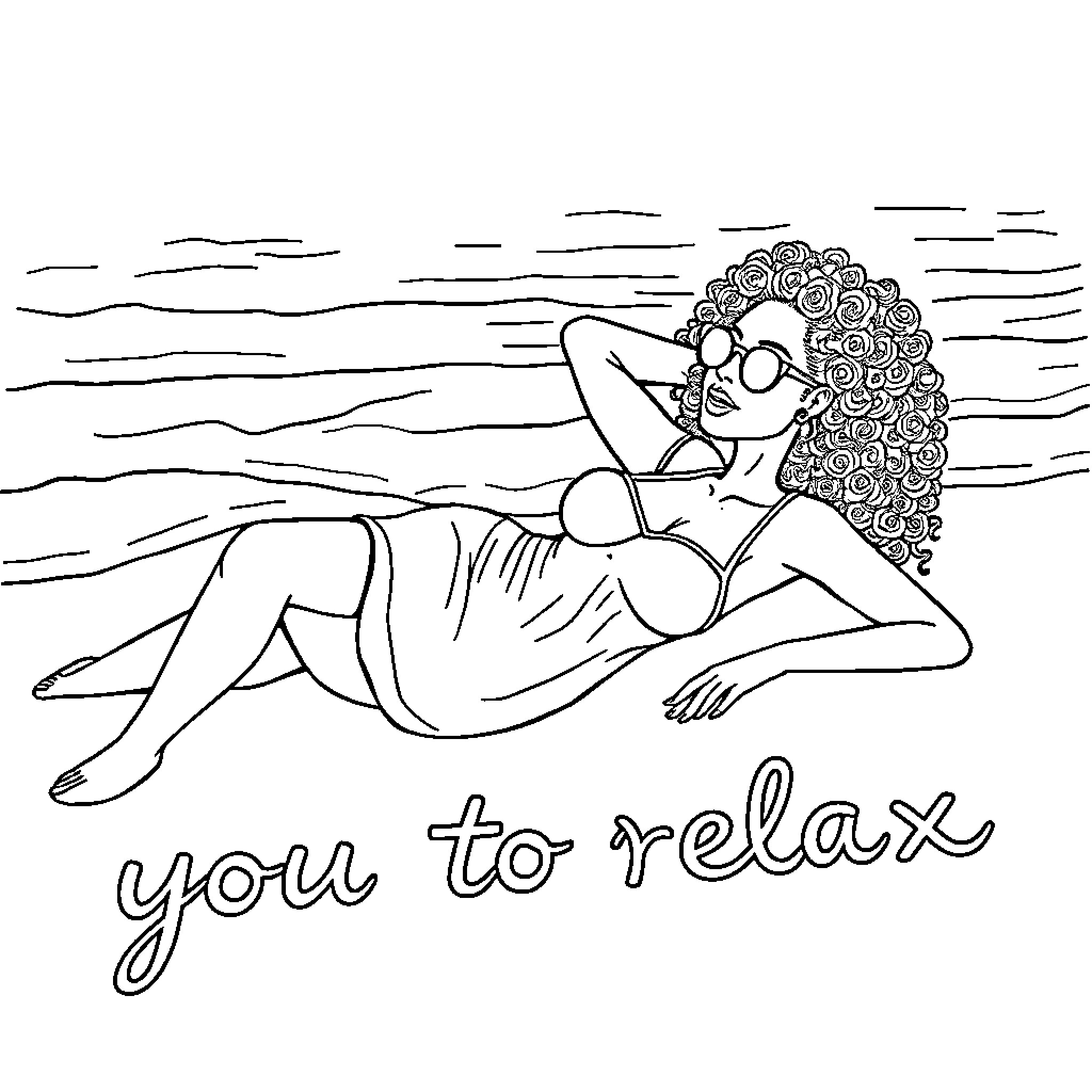 Woman relaxing peacefully on the beach Coloring Page (free black-and-white line drawing printable PDF for all, from beginners to advanced learners, including children, teens, adults, and seniors)
