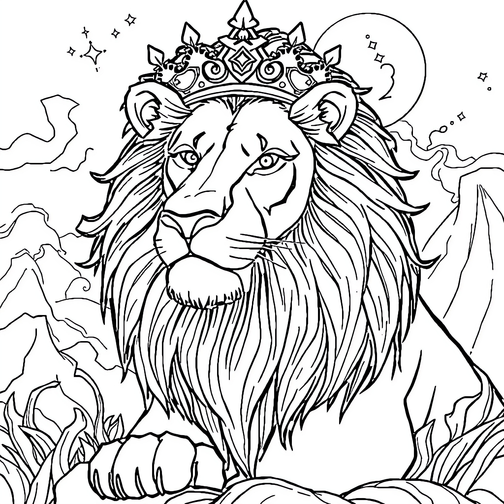 Lion with a majestic crown in a mystical landscape Coloring Page (free black-and-white line drawing printable PDF for all, from beginners to advanced learners, including children, teens, adults, and seniors)