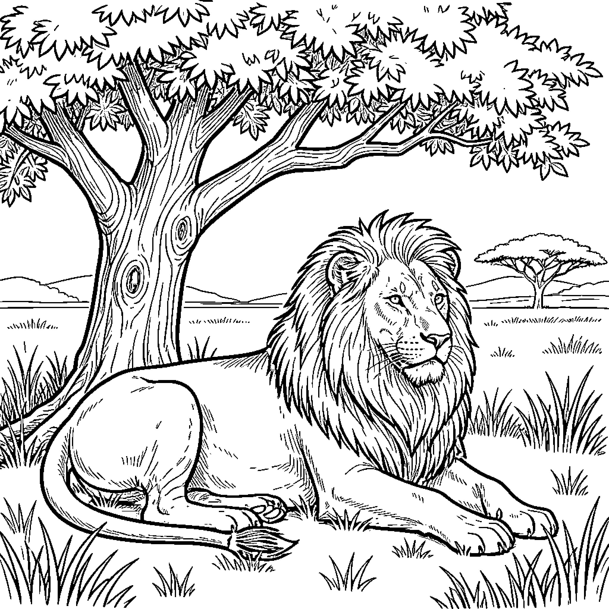 Lion resting in the savanna landscape Coloring Page (free black-and-white line drawing printable PDF for all, from beginners to advanced learners, including children, teens, adults, and seniors)