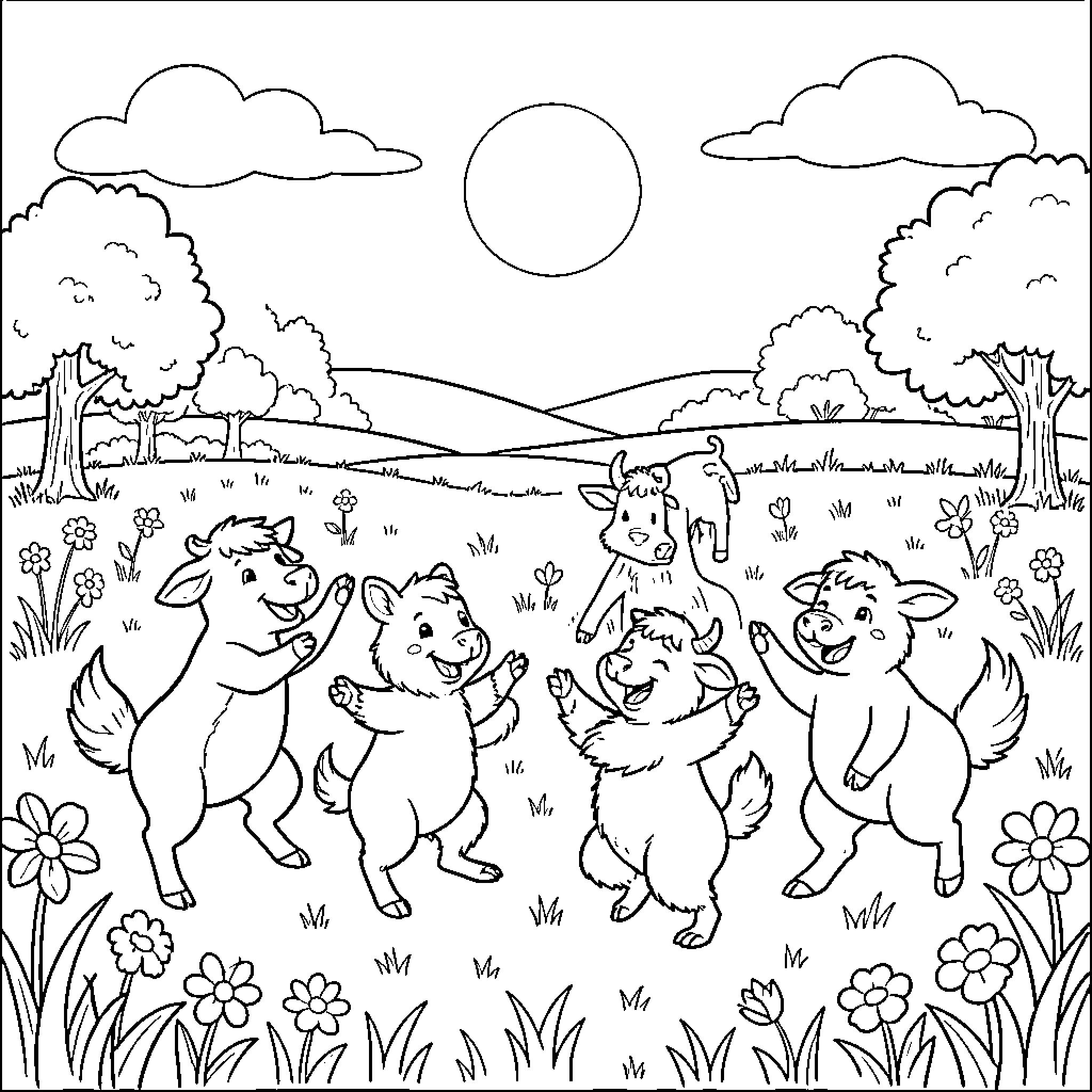 Farm Animals Playing in a Scenic Meadow Coloring Page (free black-and-white line drawing printable PDF for all, from beginners to advanced learners, including children, teens, adults, and seniors)