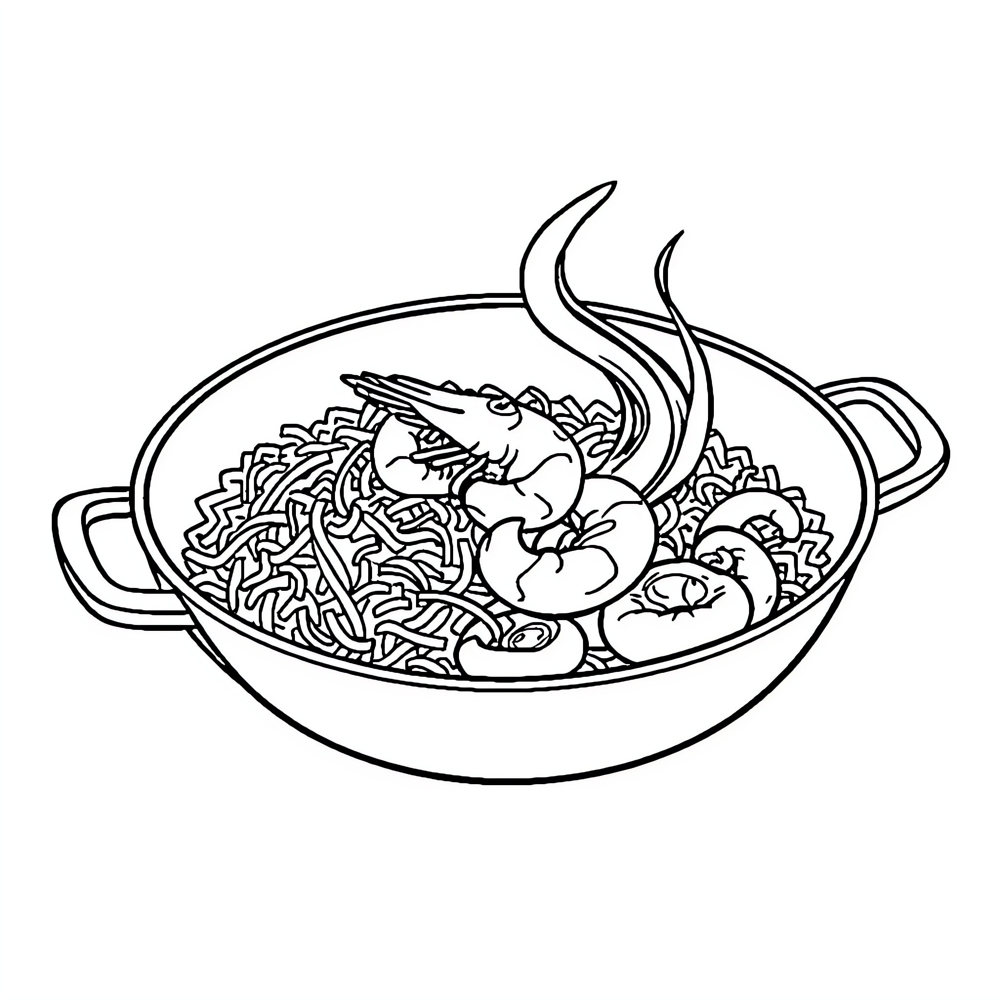 Shrimp sizzling in a hot pot of savory cuisine Coloring Page (free black-and-white line drawing printable PDF for all, from beginners to advanced learners, including children, teens, adults, and seniors)