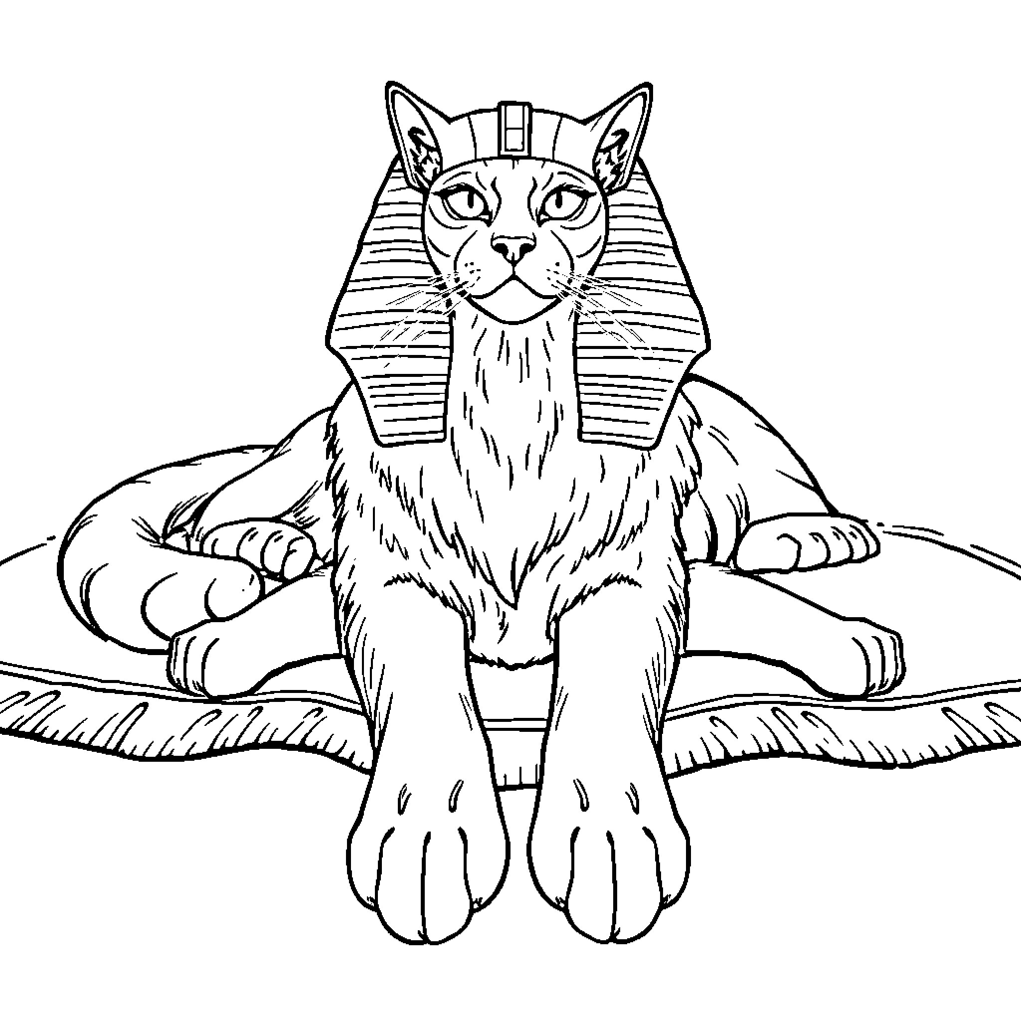 Cat in Ancient Egyptian Pharaoh Headpiece Coloring Page (free black-and-white line drawing printable PDF for all, from beginners to advanced learners, including children, teens, adults, and seniors)