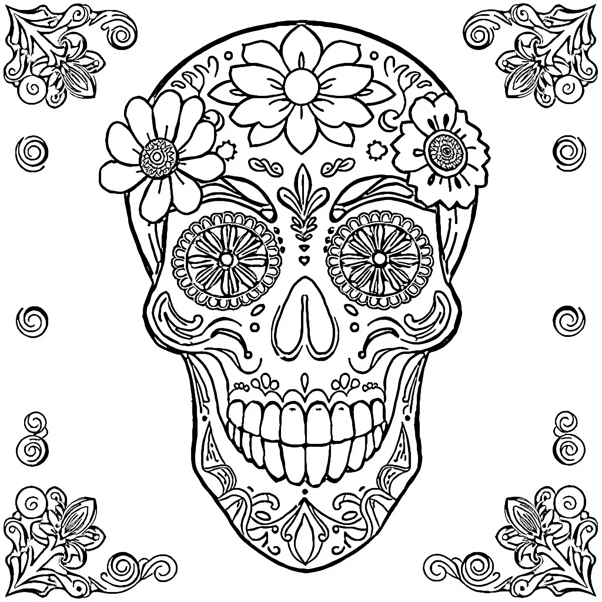 Sugar Skull with Intricate Floral Patterns Coloring Page (free black-and-white line drawing printable PDF for all, from beginners to advanced learners, including children, teens, adults, and seniors)
