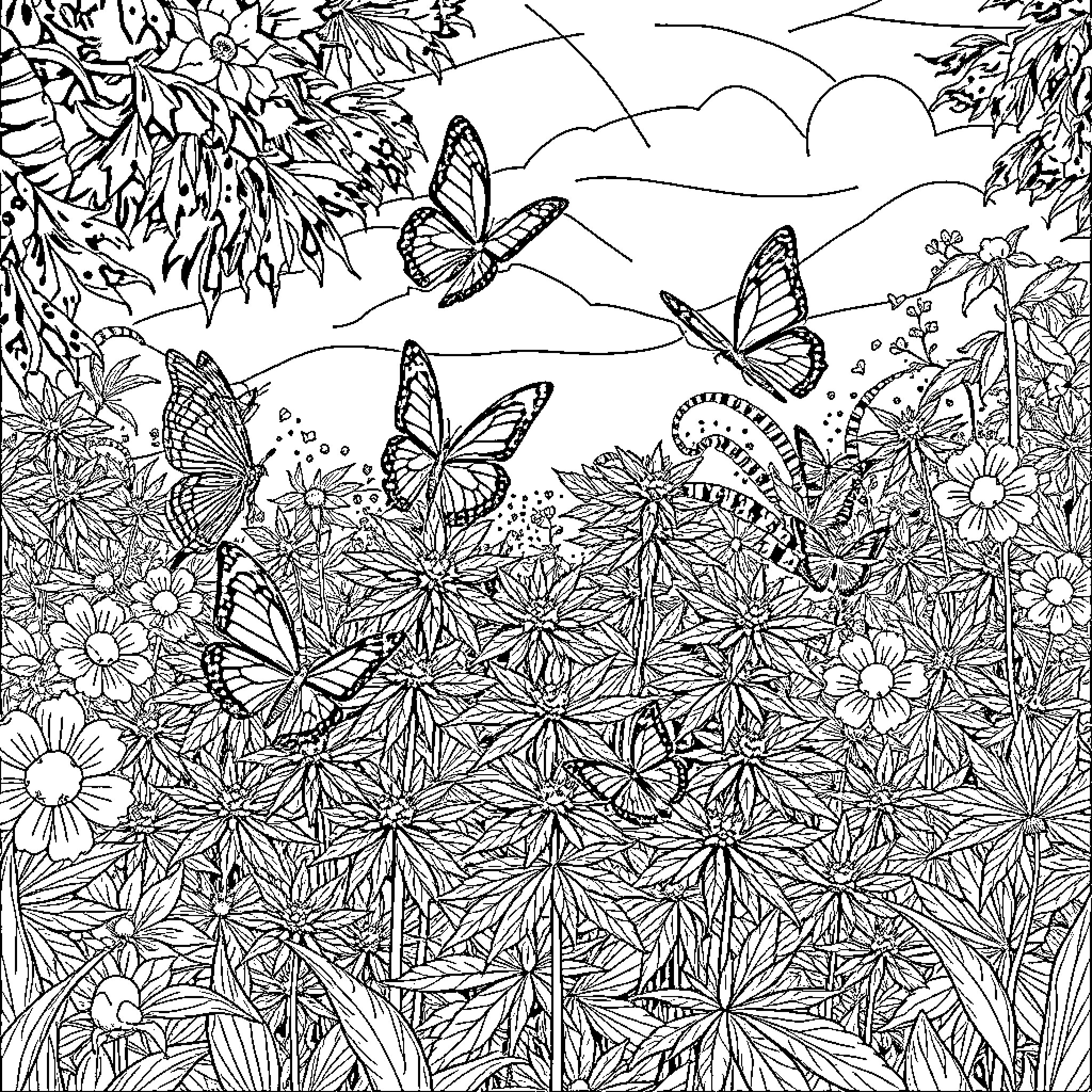 Butterfly Garden with Blooming Flowers and Butterflies Coloring Page (free black-and-white line drawing printable PDF for all, from beginners to advanced learners, including children, teens, adults, and seniors)