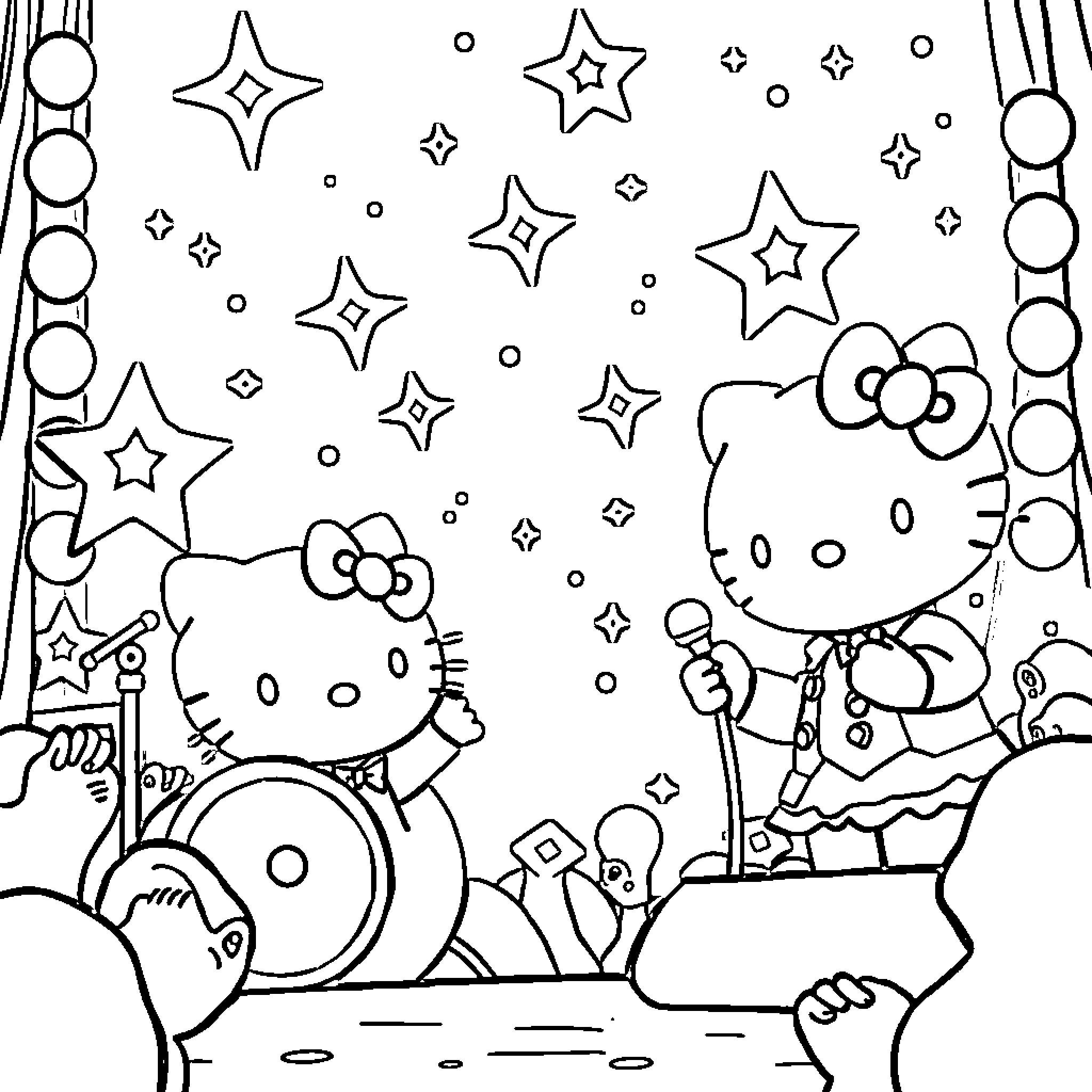 Hello Kitty playing under the stars Coloring Page (free black-and-white line drawing printable PDF for all, from beginners to advanced learners, including children, teens, adults, and seniors)
