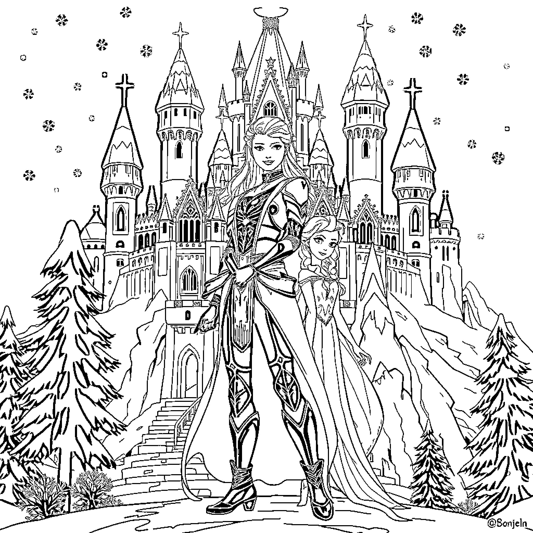Heroine's Winter Adventure in the Enchanted Castle Coloring Page (free black-and-white line drawing printable PDF for all, from beginners to advanced learners, including children, teens, adults, and seniors)